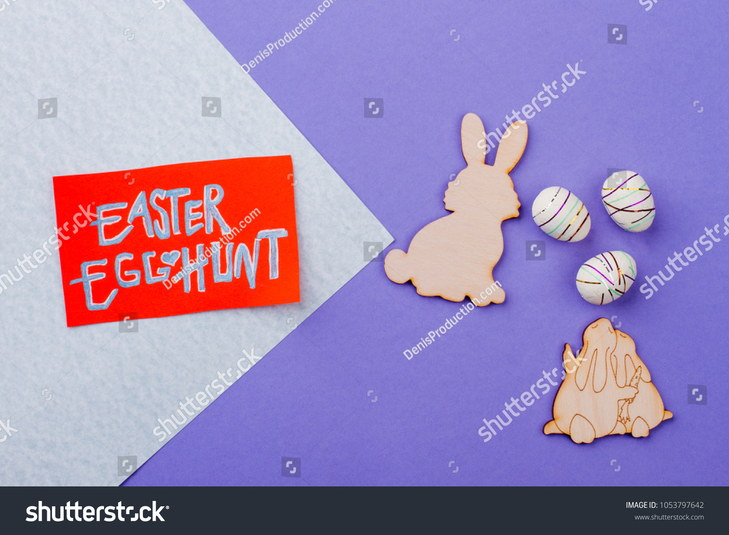 Easter egg hunt text. Easter card, plywood rabbit cutouts and styrofoam eggs. Easter egg hunt ideas. #1053797642