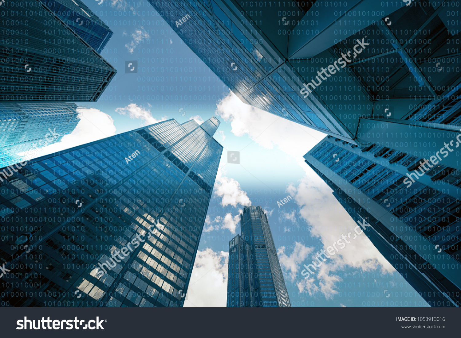 01 or binary data on skyscrapers, computer screen, futuristic city background #1053913016