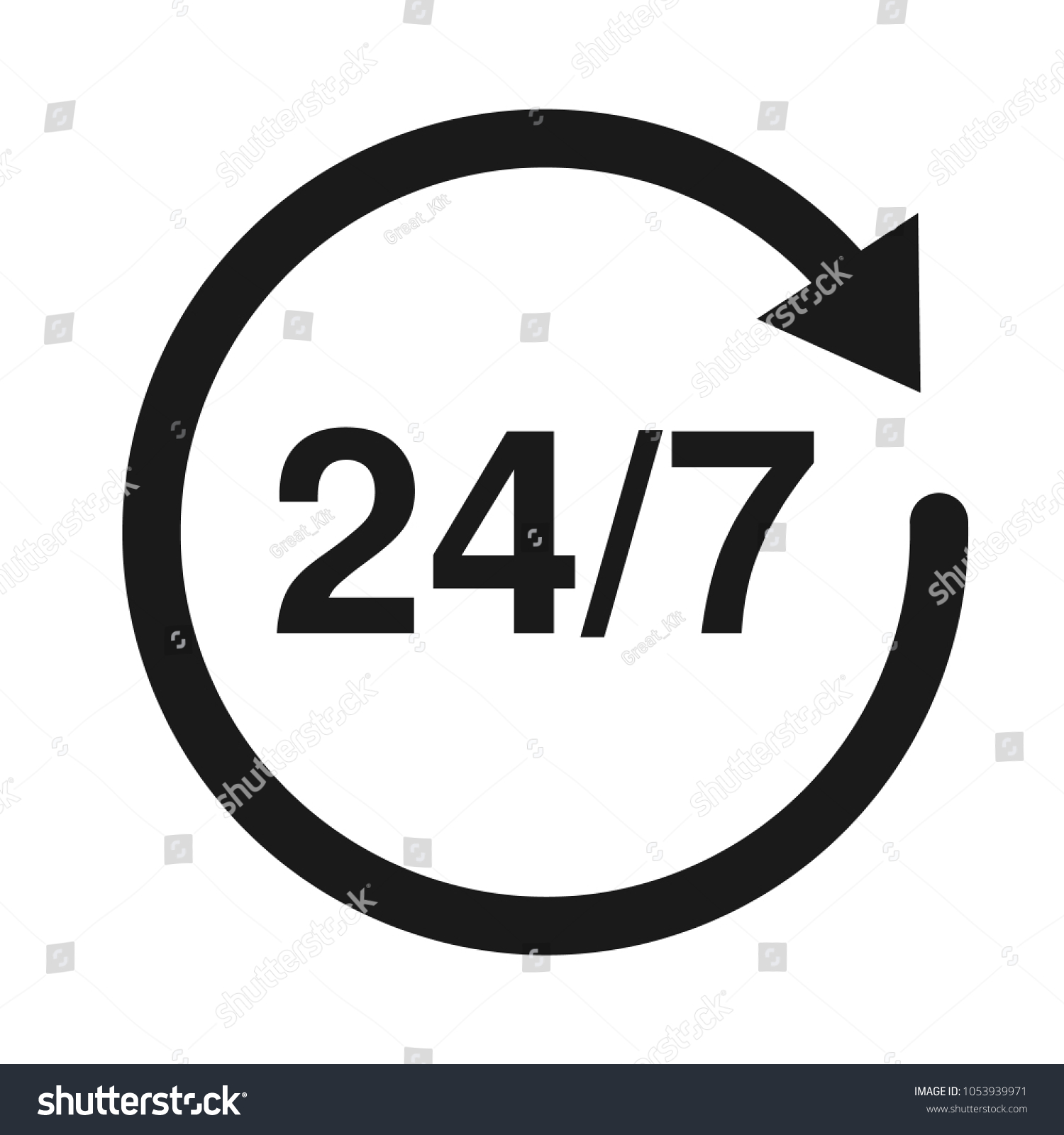 24/7 Service open 24h hours a day and 7 days a week. Flat isolated vector illustration in black on a white background. #1053939971