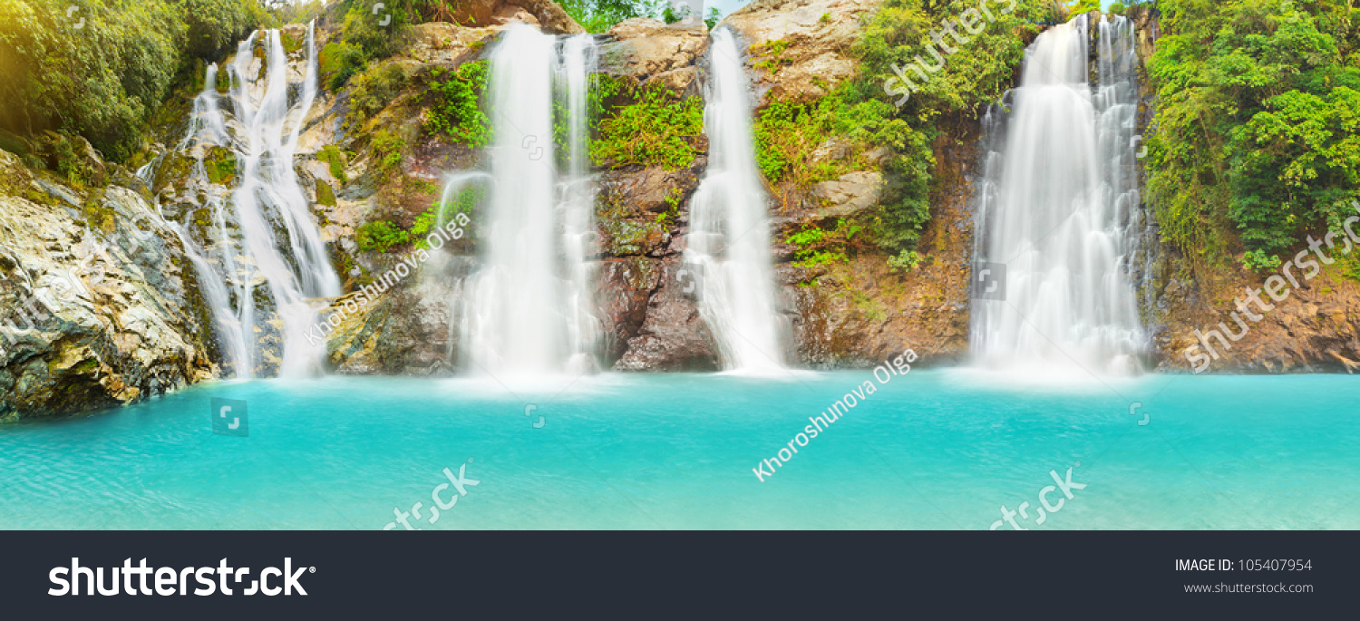 Beautiful panorama of waterfalls at summer day #105407954