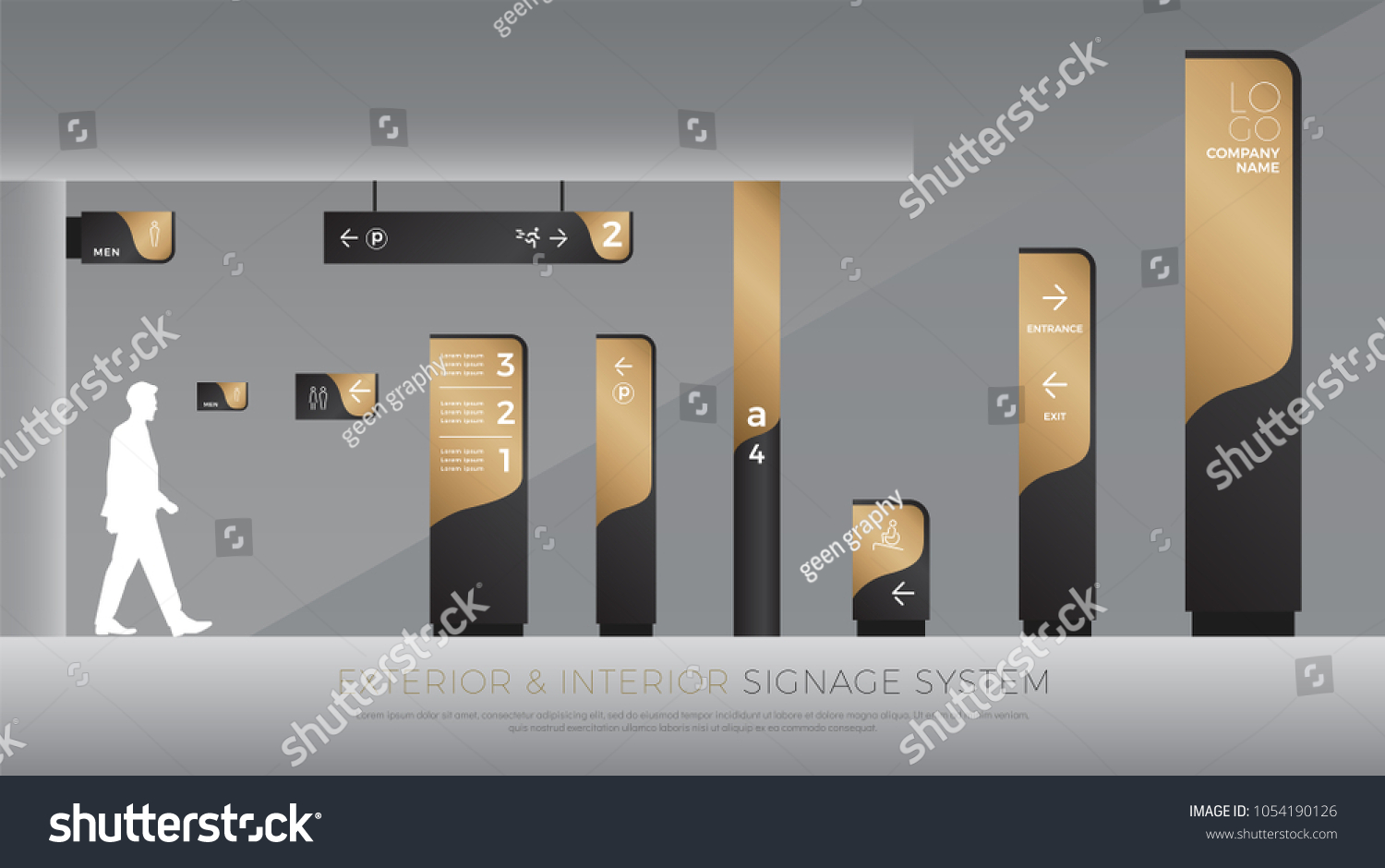 exterior and interior signage concept. direction, pole, wall mount and traffic signage system design template set. empty space for logo, text, black and gold corporate identity #1054190126