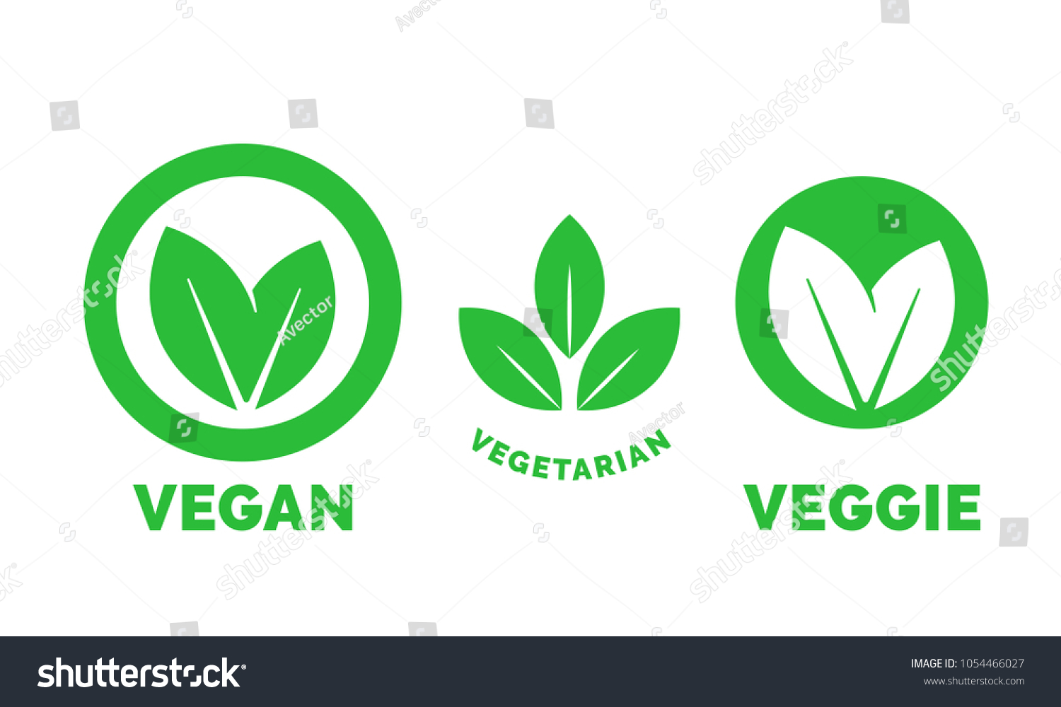 Vegan logo green leaf label template for veggie or vegetarian food package design. Isolated green leaf icon for vegetarian bio nutrition and healthy diet or vegan restaurant menu symbols set #1054466027