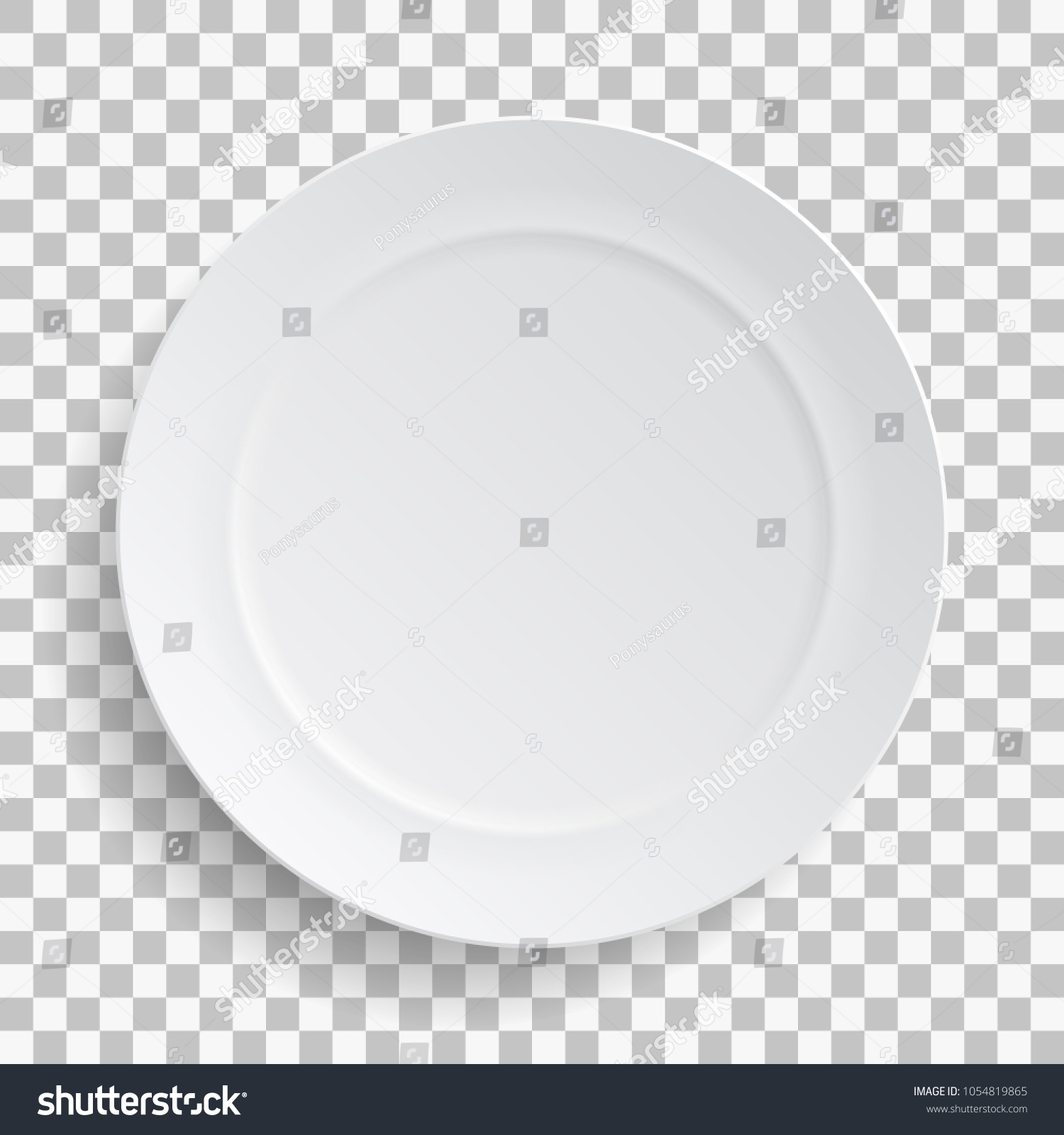 White dish plate isolated on transparent background. Kitchen dishes for food, kitchen, porcelain dishware. Vector illustration for your product, tableware design element. #1054819865