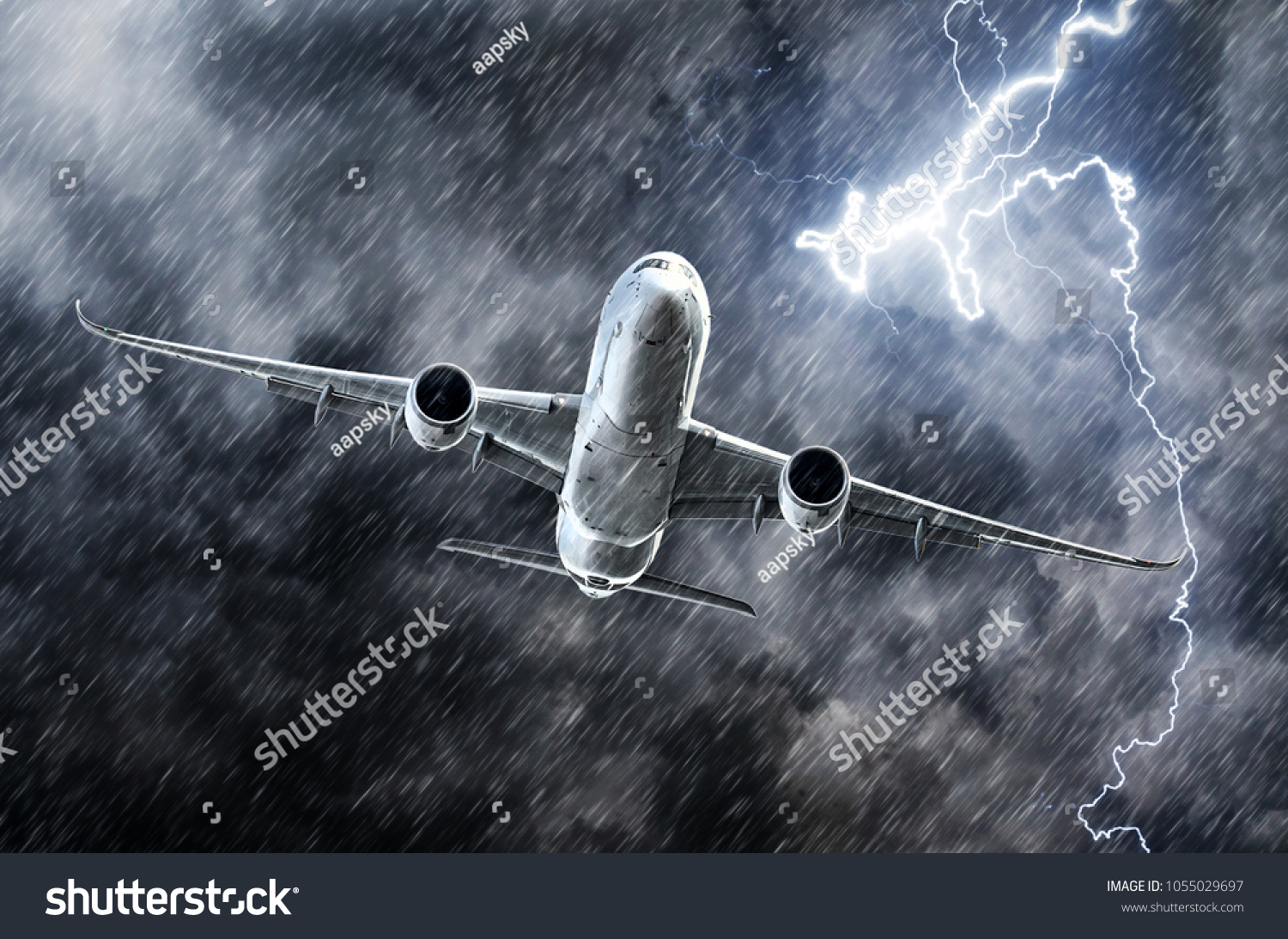Powerful thunderstorm lightning strike and heavy rain in the sky passenger airplane #1055029697