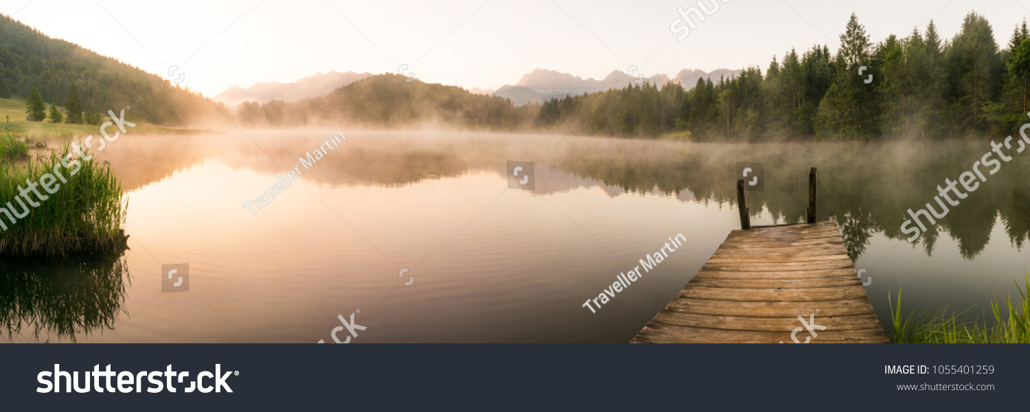 Panorama of lake Geroldsee in the Alps of Bavaria on a summer morning #1055401259