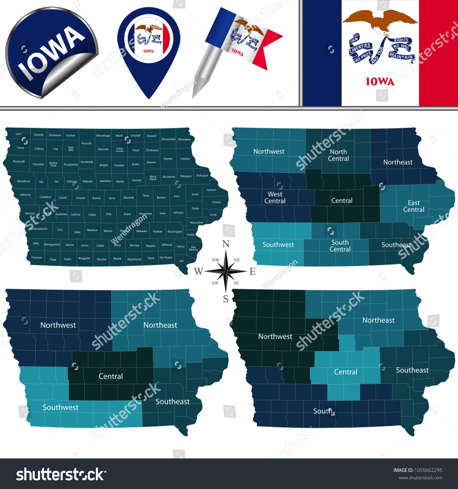 Vector map of Iowa with named regions and travel - Royalty Free Stock ...