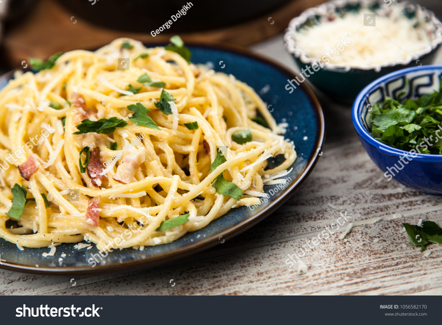 Spaghetti carbonara with egg and pancetta #1056582170