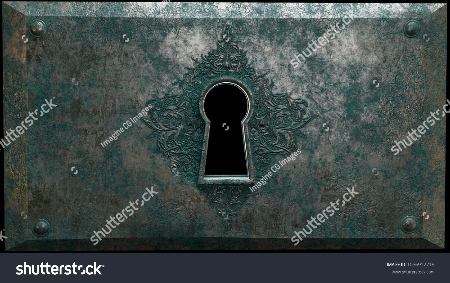 Fantasy Carved Keyhole - Alternate A fantasy inspired keyhole in corroded metal, decorated with Griffin carvings. The keyhole is black for easier artistic use. 3d rendering. #1056912719