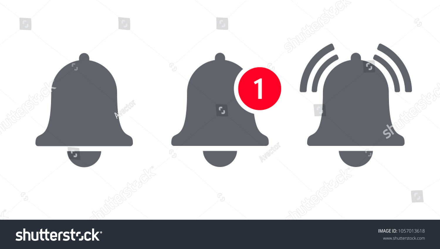 Notification bell icon for incoming inbox message. Vector ringing bell and notification number sign for alarm clock and smartphone application alert #1057013618