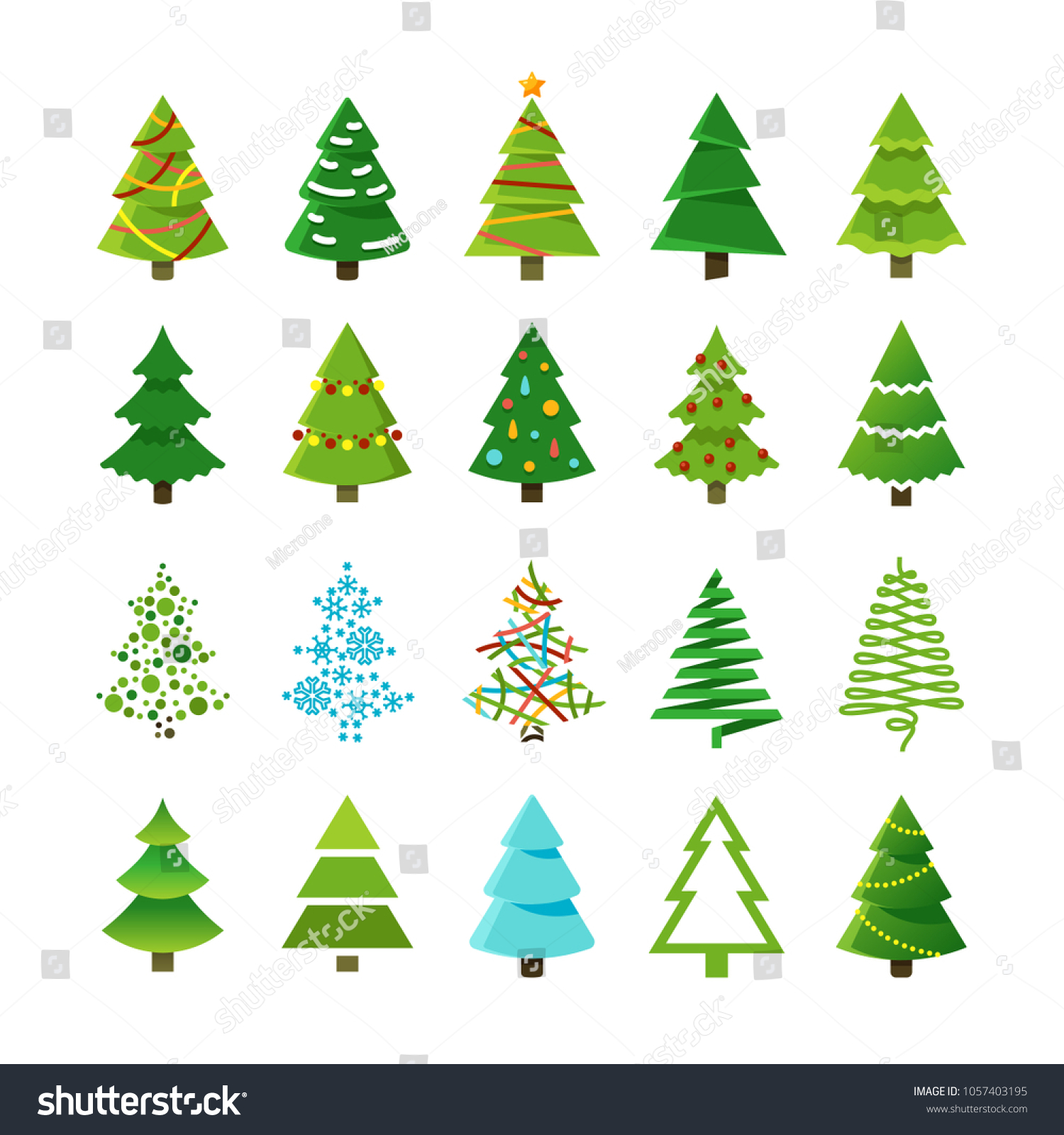 Cartoon abstract christmas trees with gifts and balls set. Green christmas tree collection, cartoon holiday tree for celebration xmas and new year illustration #1057403195