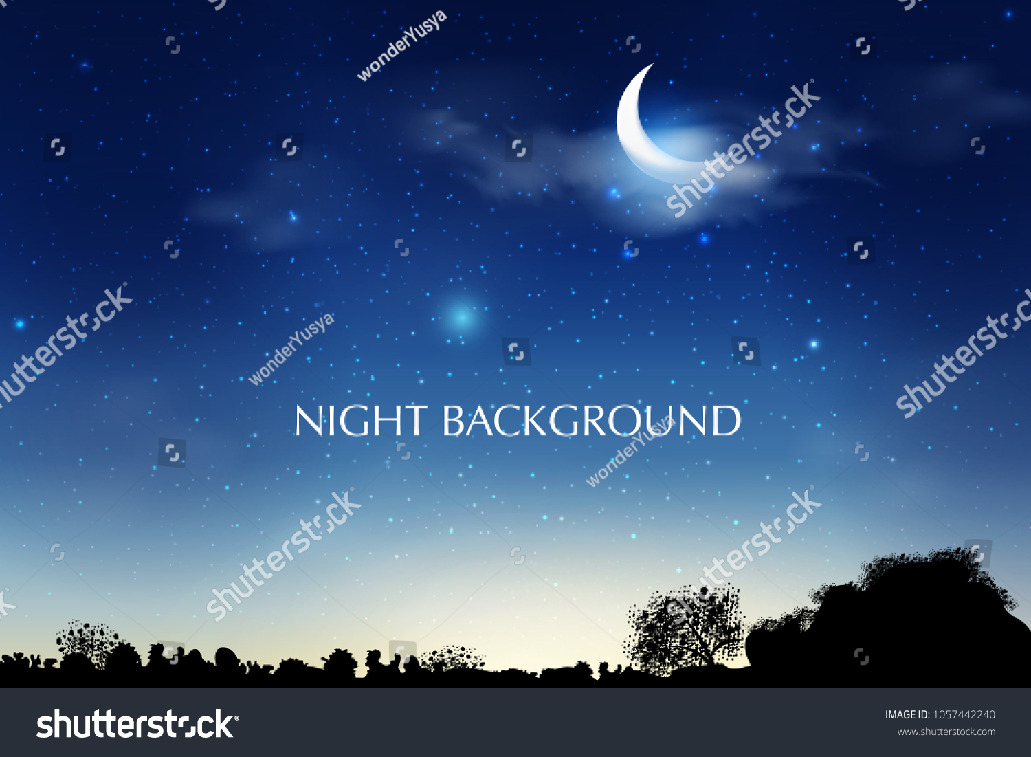 Blue dark Night sky background with half moon, clouds and stars. Moonlight night. Vector illustration. Milkyway cosmos background
 #1057442240