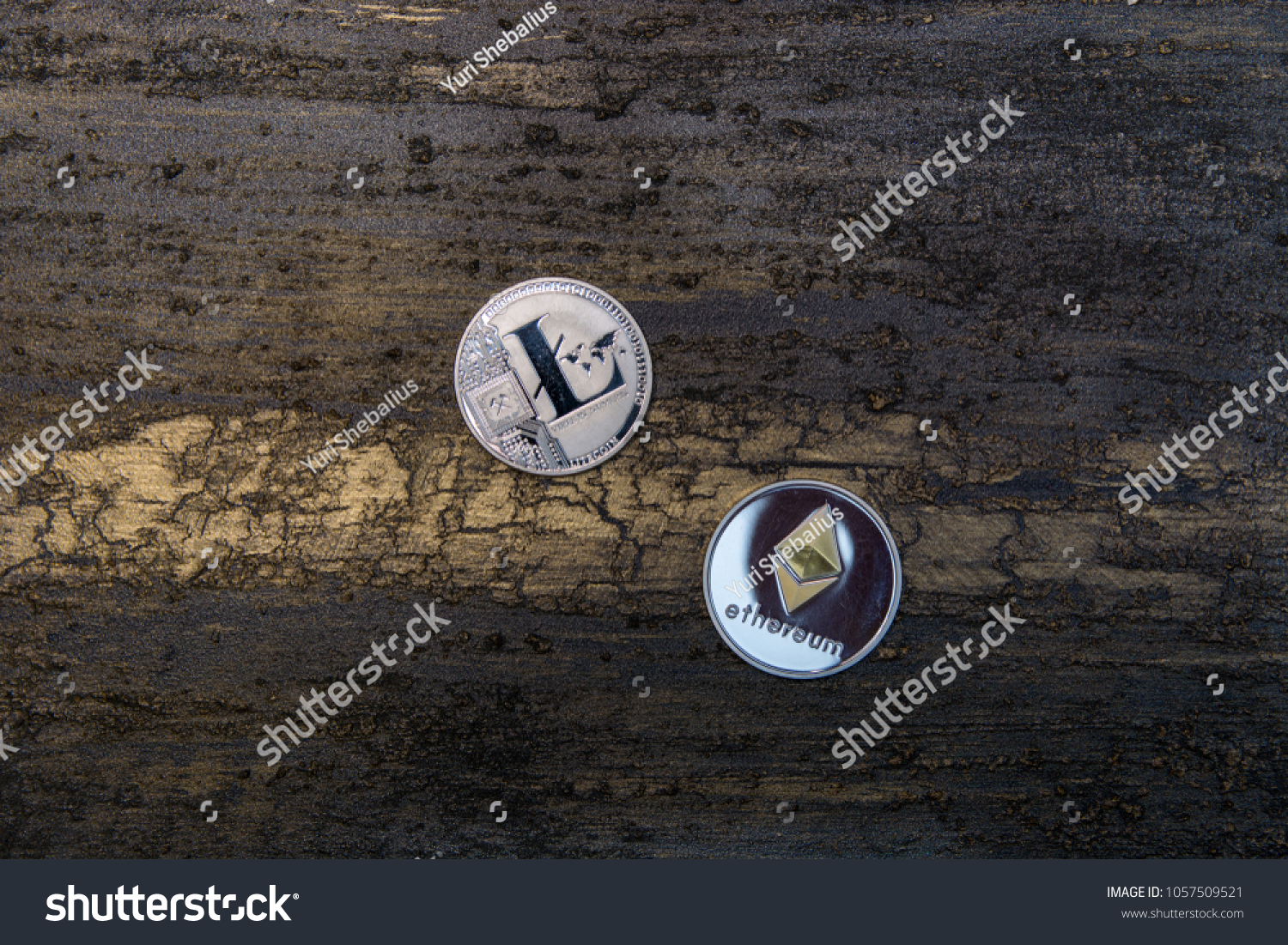 silver litecoin and ethereum on dark bronze background #1057509521