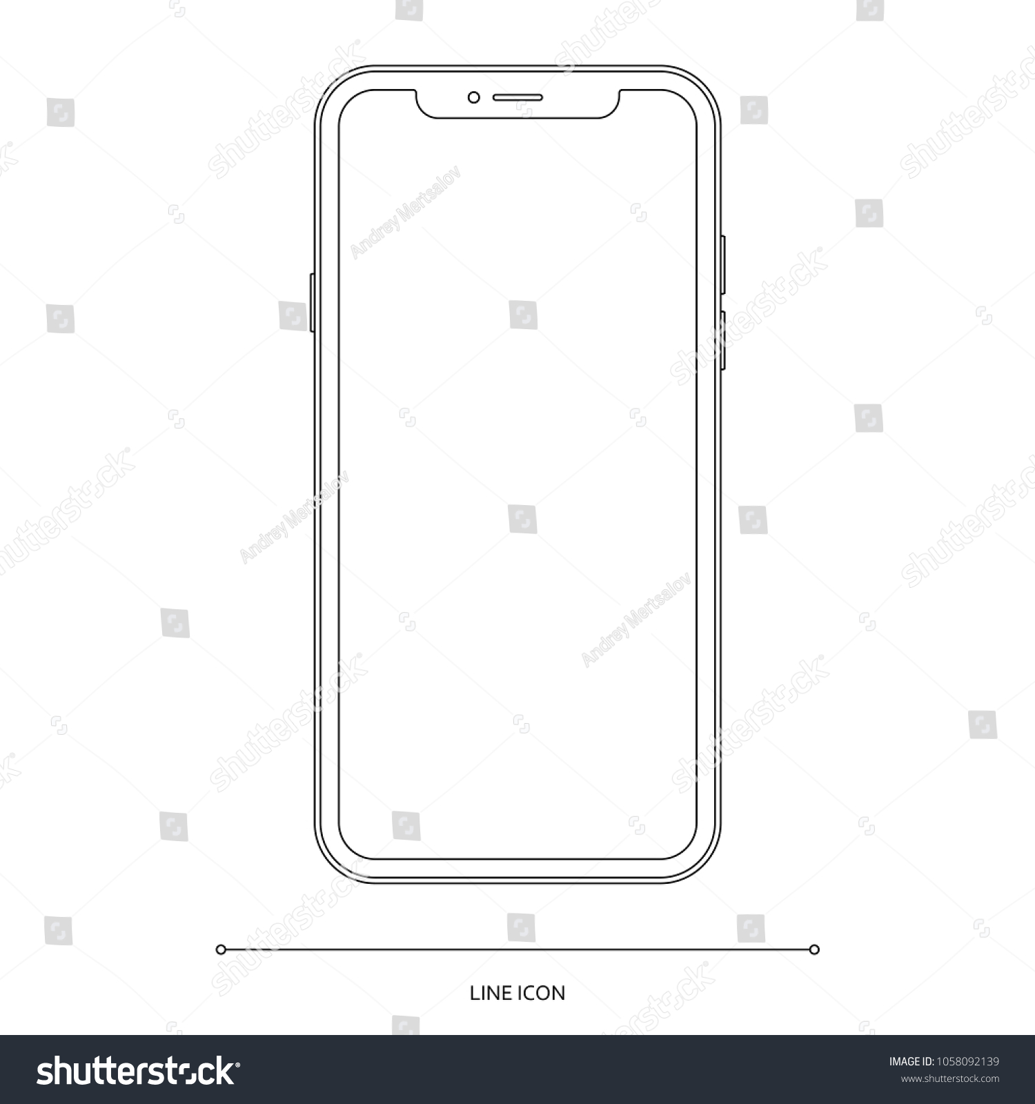 smartphone frameless icon in outline design isolated on white background. mobile phone mockup in thin line style. stock vector illustration #1058092139