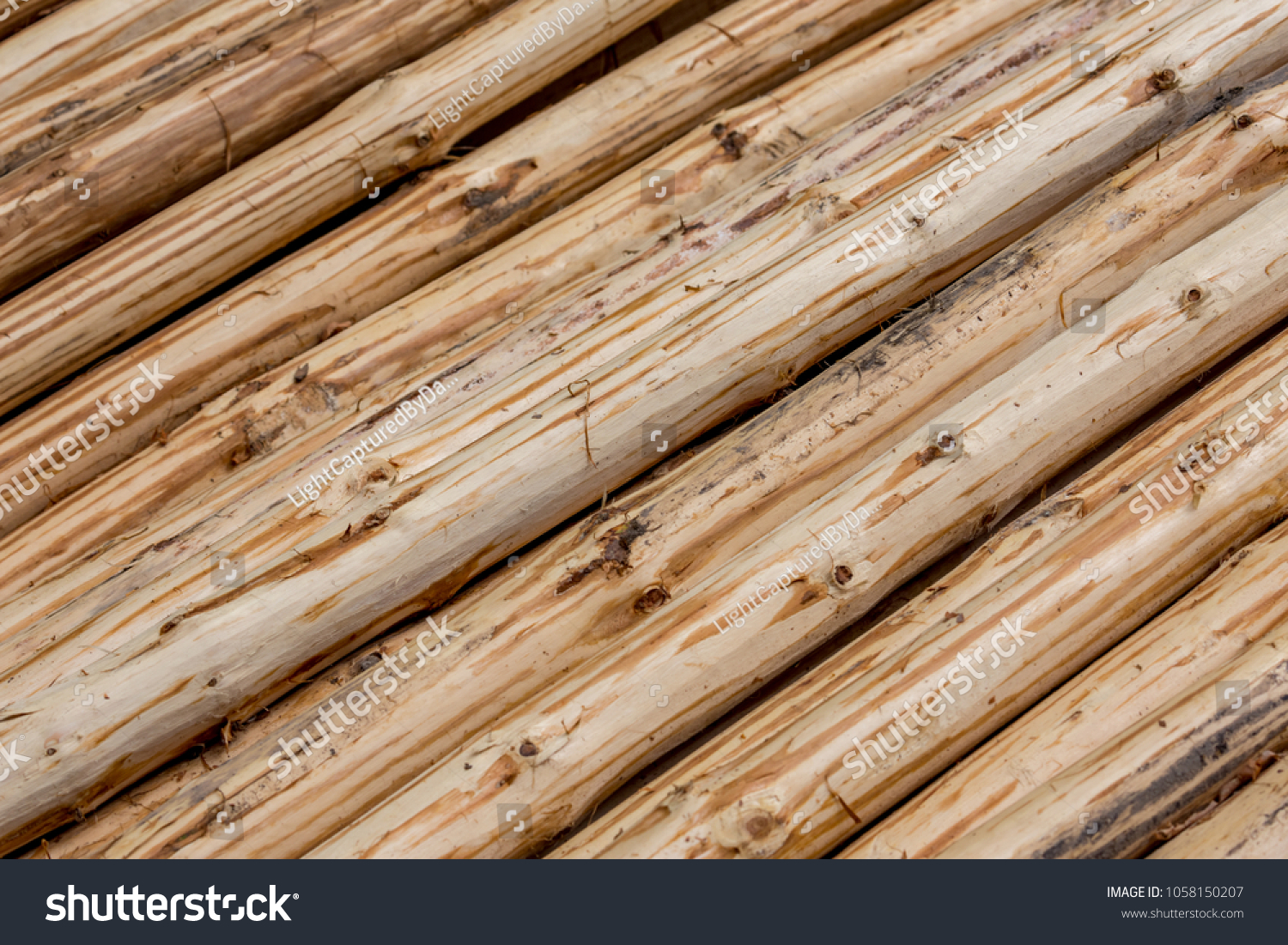 Background of hand peeled pine tree diagonal logs #1058150207