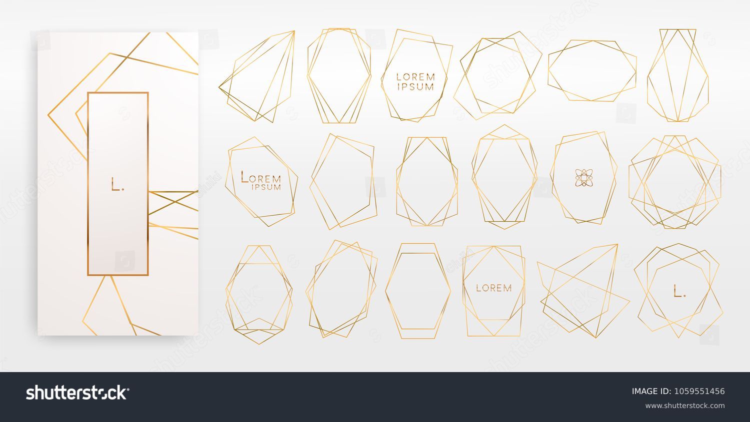 Gold collection of geometrical polyhedron, art deco style for wedding invitation, luxury templates, decorative patterns,... Modern abstract elements, vector illustration, isolated on backgrounds. #1059551456