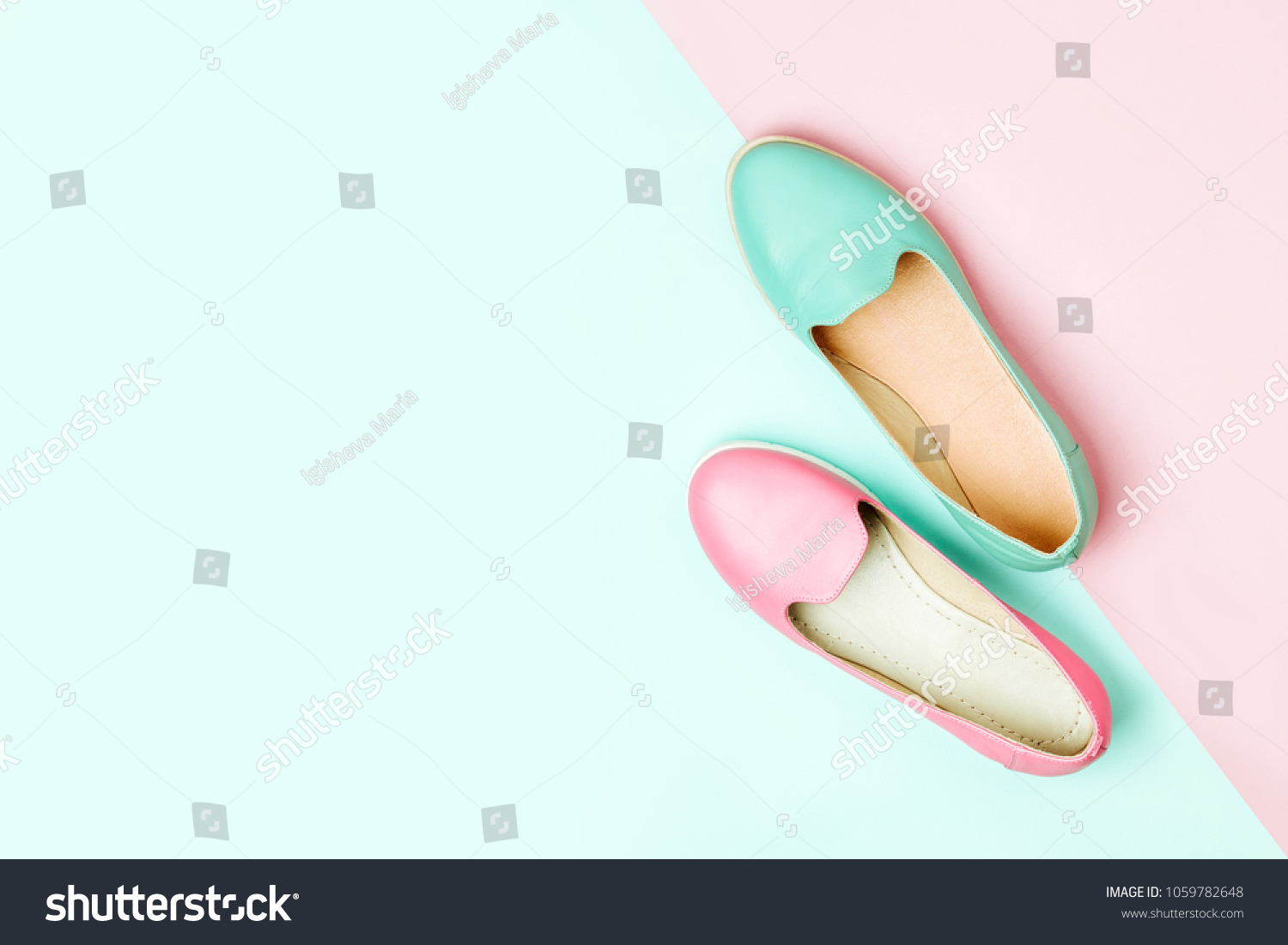 Stylish female shoes in pastel colors. Beauty and fashion concept. Flat lay, top view #1059782648