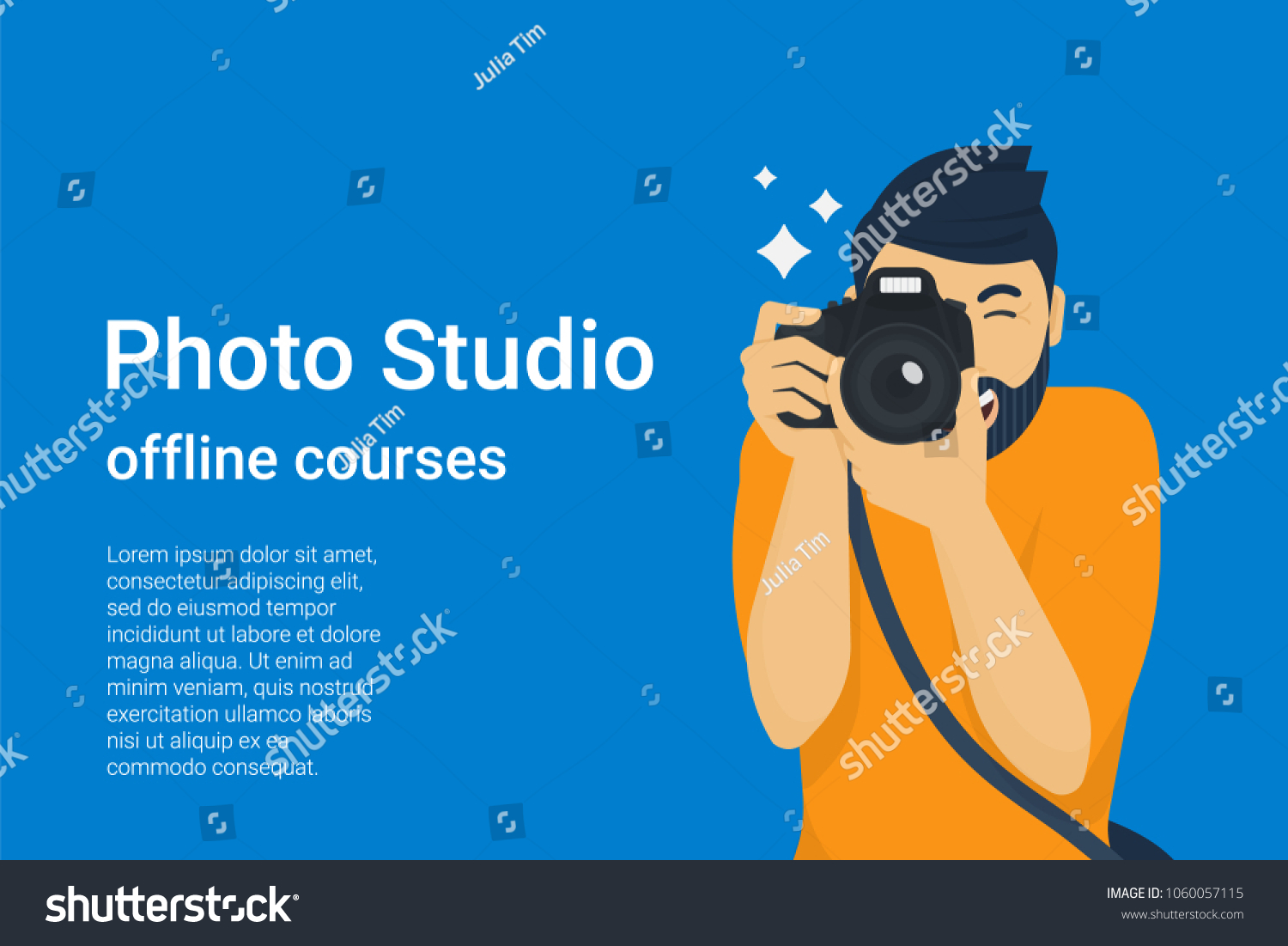 Happy photographer is taking a photo using slr camera. Flat vector illustration of young male character shooting using lens camera. Banner design for photo studio courses and ads #1060057115