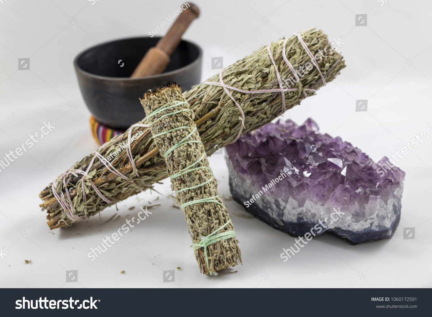 Bundles of Sage with Beautiful Amethyst Crystal and a Singing Bowl #1060172591