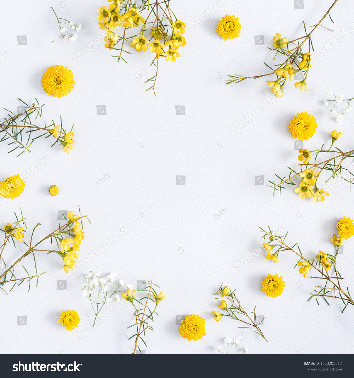 Flowers composition. Frame made of yellow flowers on gray background. Flat lay, top view, square, copy space #1060205612