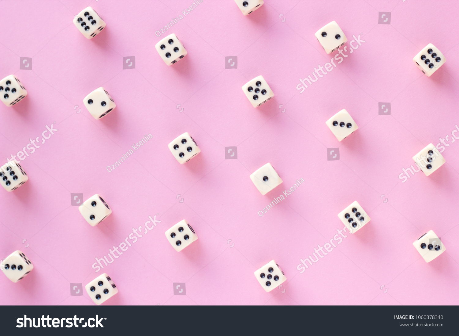 Gaming dice pattern on pink background in flat lay style. Concept for games, game board, presentation, banners or web. Top view. Close-up. #1060378340