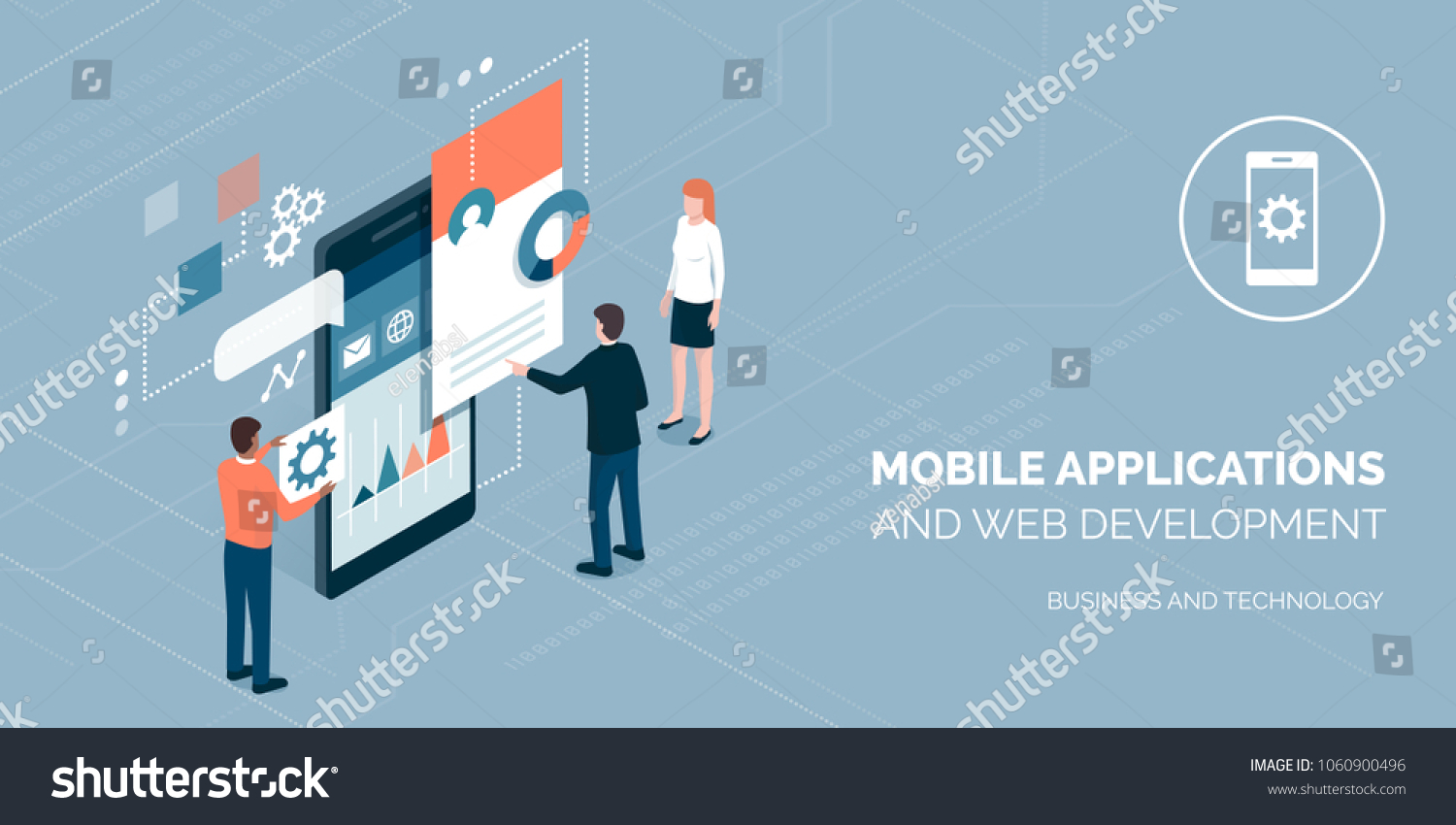 Developers building mobile apps and working together on a user interface, communication and technology concept #1060900496