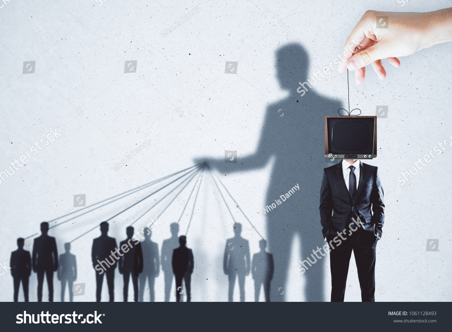 Creative TV manipulation and brainwash background with people and shadows #1061128493