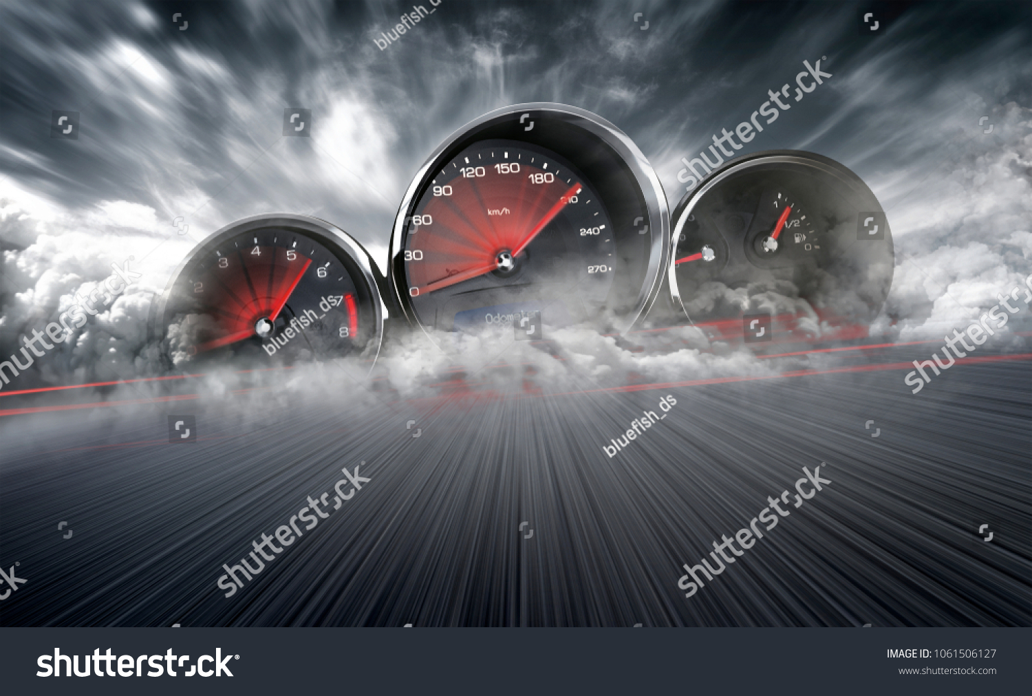 Speedometer scoring high speed in a fast motion blur racetrack background. Speeding Car Background Photo Concept. #1061506127