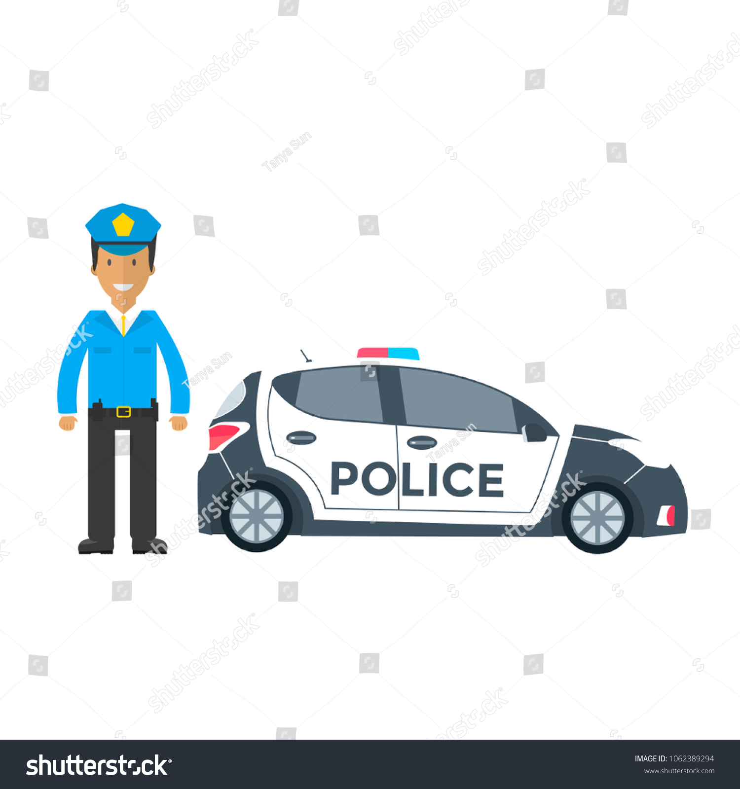 Vector police car side view and officer isolated on white with flashing light, siren. Policeman in uniform. Flat vector illustration of vehicle. #1062389294