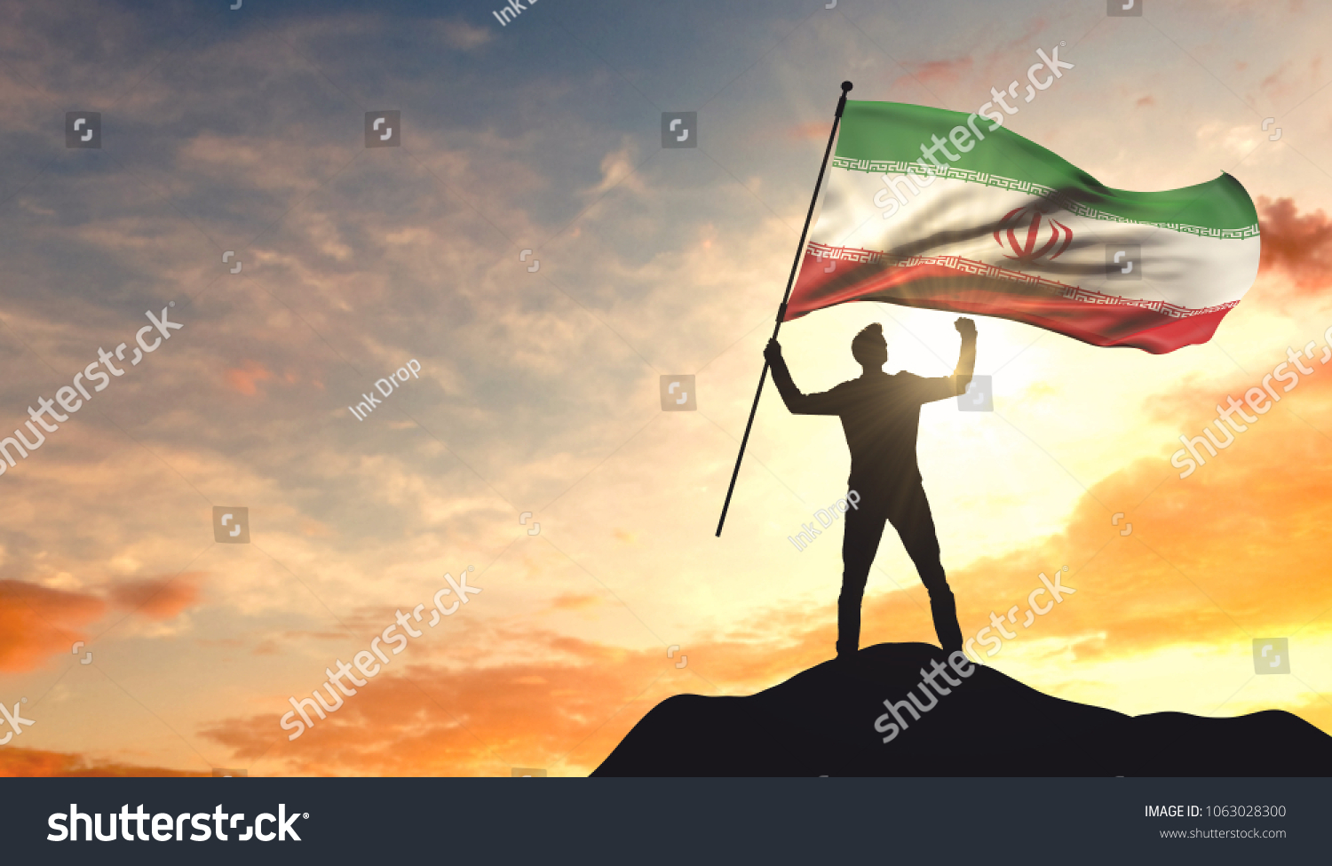 Iran flag being waved by a man celebrating success at the top of a mountain. 3D Rendering #1063028300