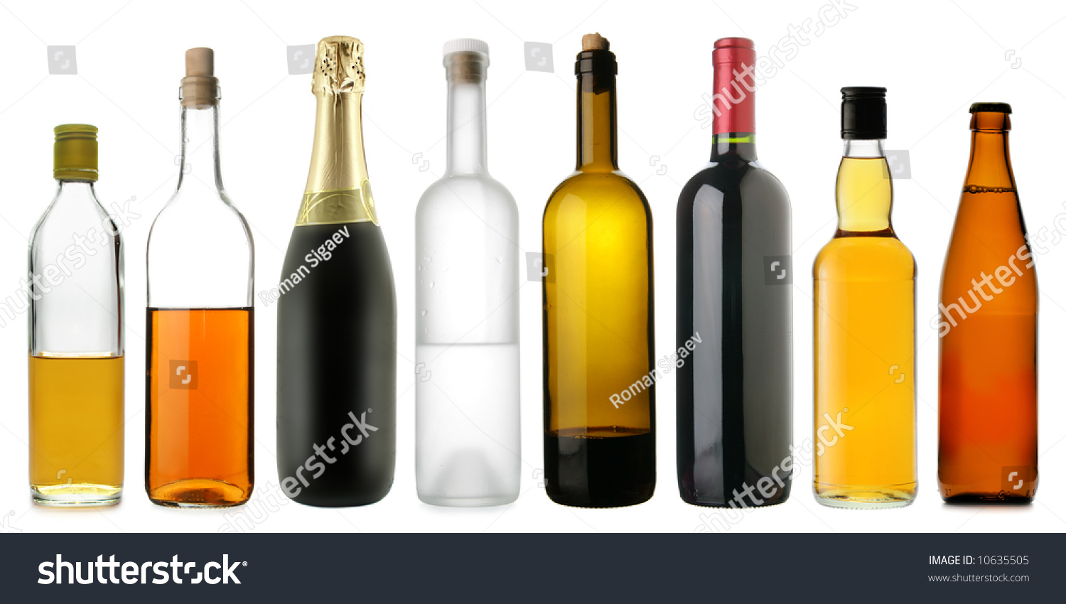 Lots bottles of various alcoholic drinks isolated over white background #10635505