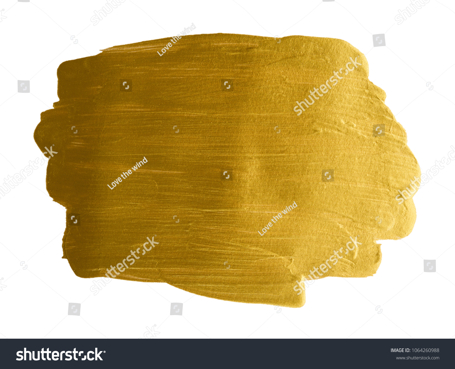 Gold acrylic watercolor paint brush stroke free hand drawing texture isolated on white background top view photo object design #1064260988