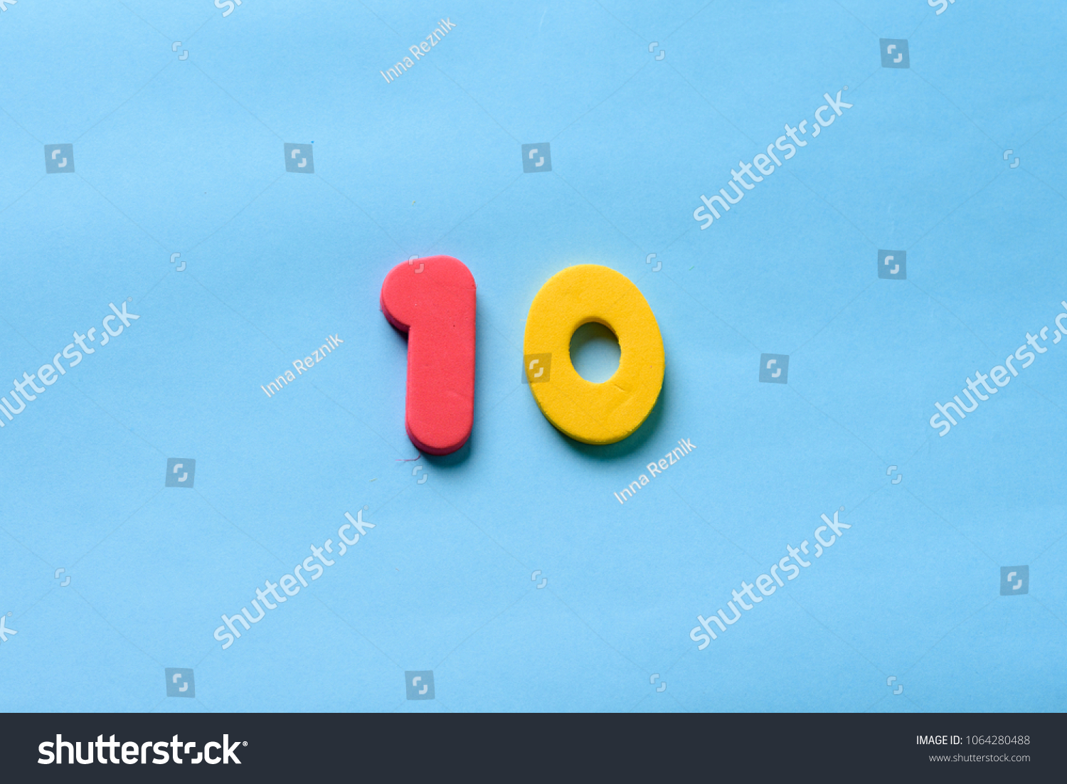 10 years old celebrating classic logo. Colored happy anniversary 10 th template yellow green numbers. Greetings celebrates card. Traditional framed digits of ages. Sale, special prize, % off concept. #1064280488
