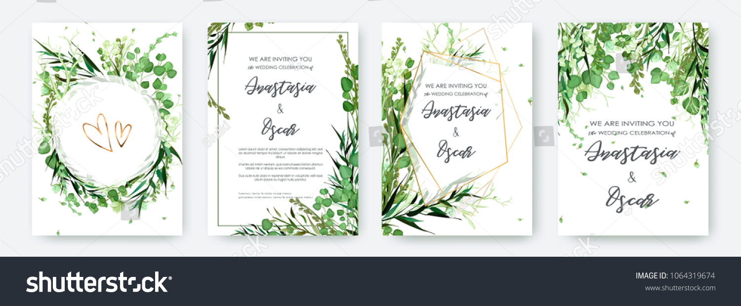 Wedding invitation frame set; flowers, leaves, watercolor, isolated on white. Sketched wreath, floral and herbs garland with green, greenery color. Handdrawn Vector Watercolour style, nature art. #1064319674