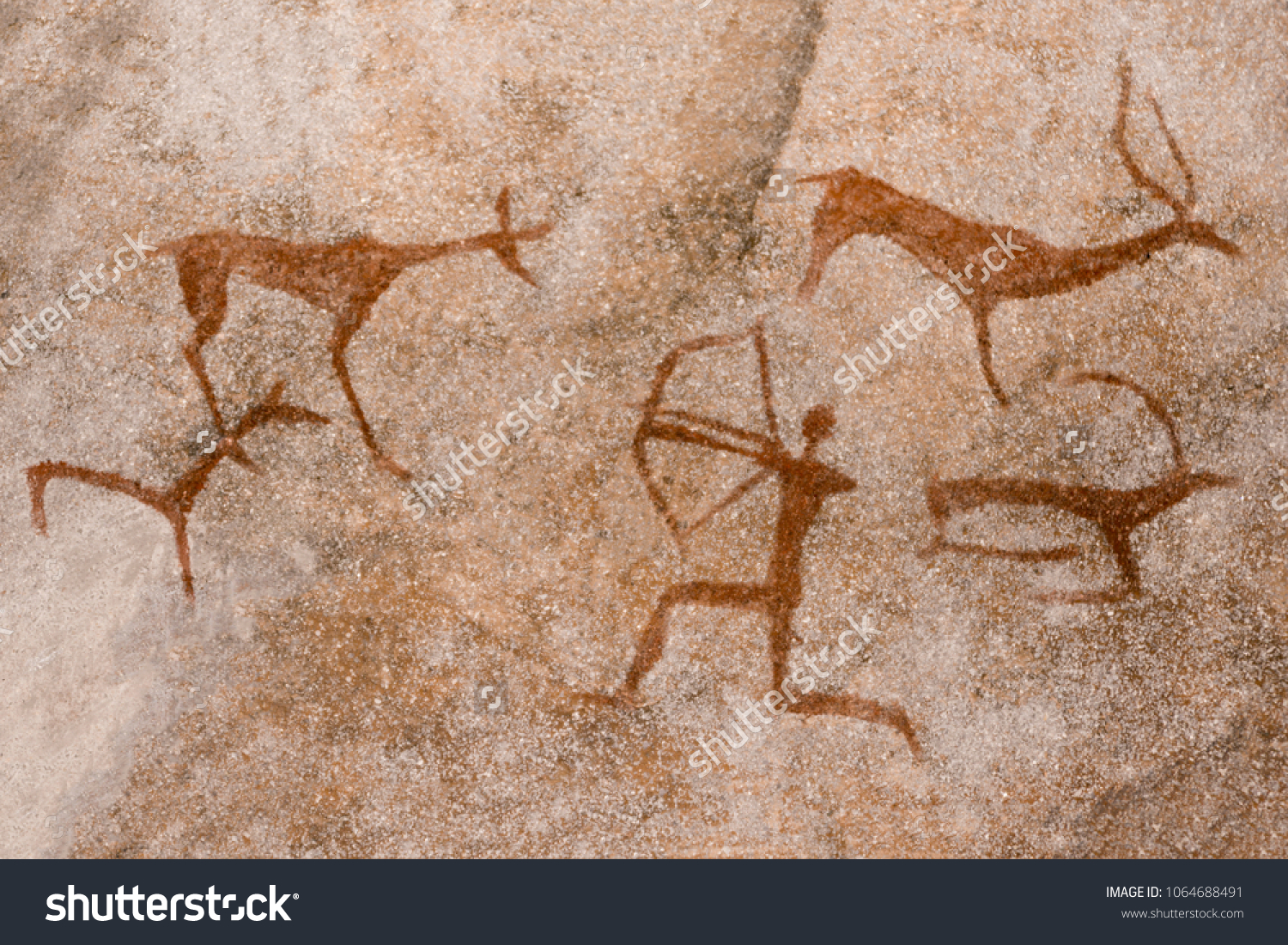 image of the ancient hunt on the wall of the cave ocher. historical art. archeology. #1064688491