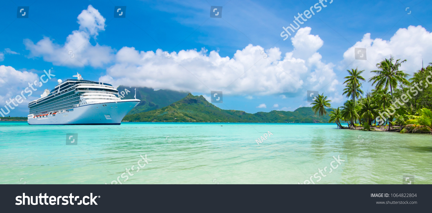 Summer cruise vacation travel. Luxury cruise ship anchored close to exotic tropical island.
Panoramic landscape view of Bora Bora.  #1064822804