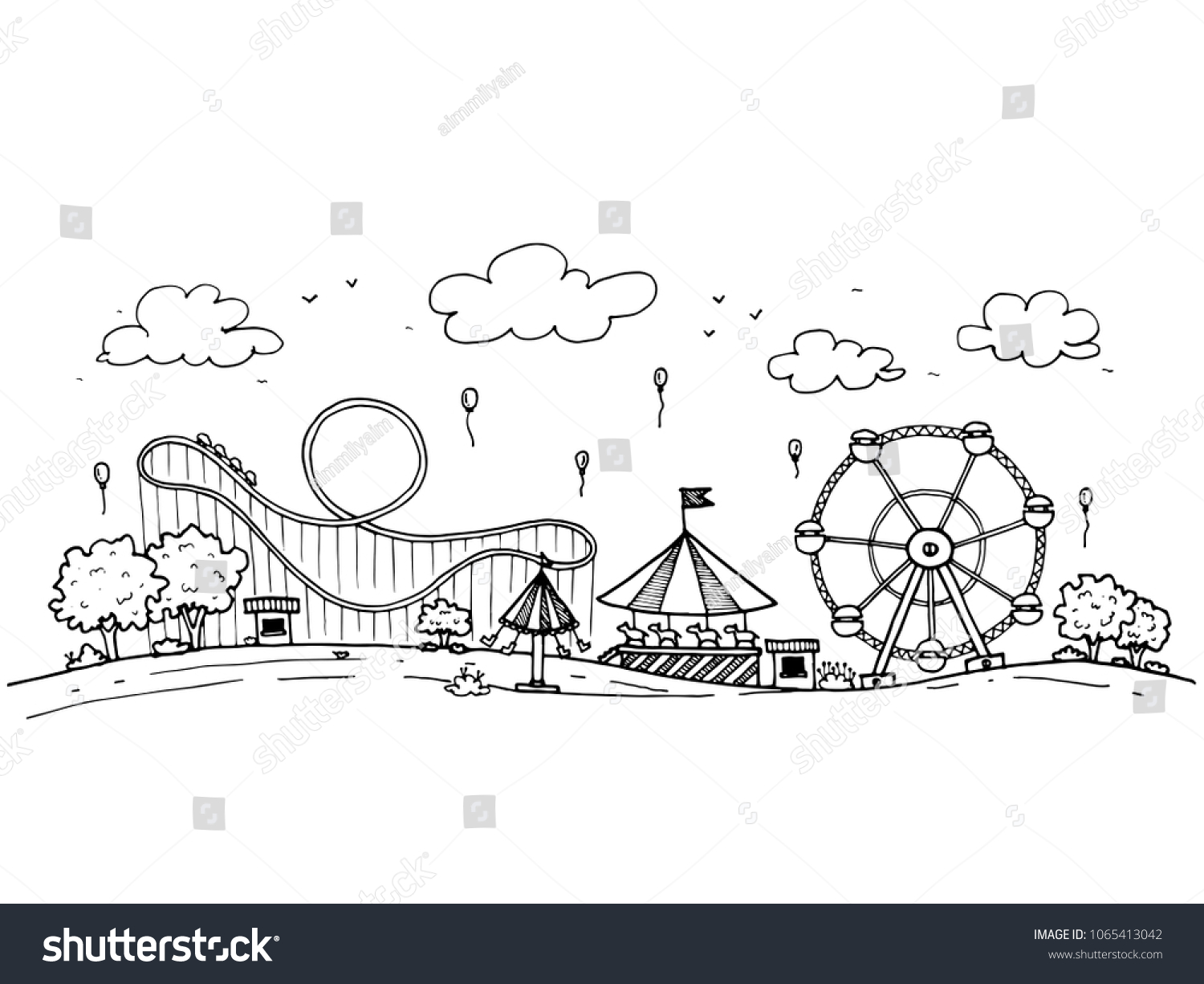 Hand drawn sketch doodle amusement park. Drawn - Royalty Free Stock ...