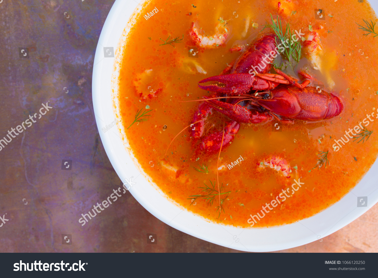 Crayfish soup on a vintage background. #1066120250