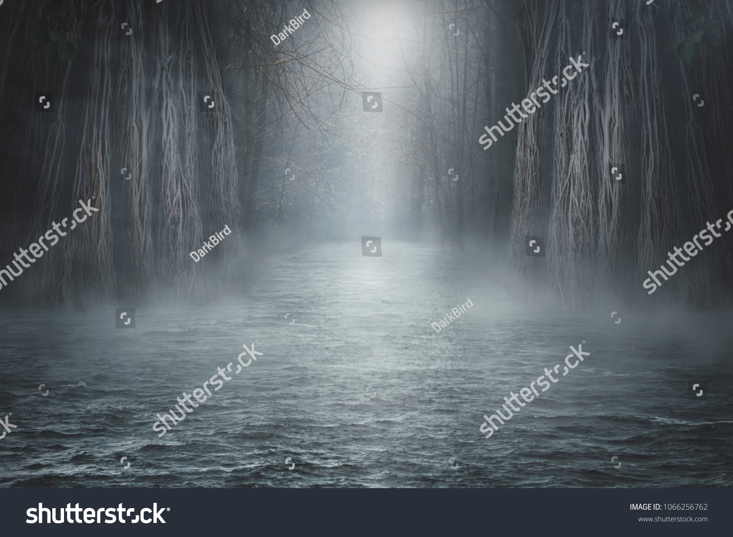 Dark landscape with magic forest, sea and magic light. Halloween background #1066256762