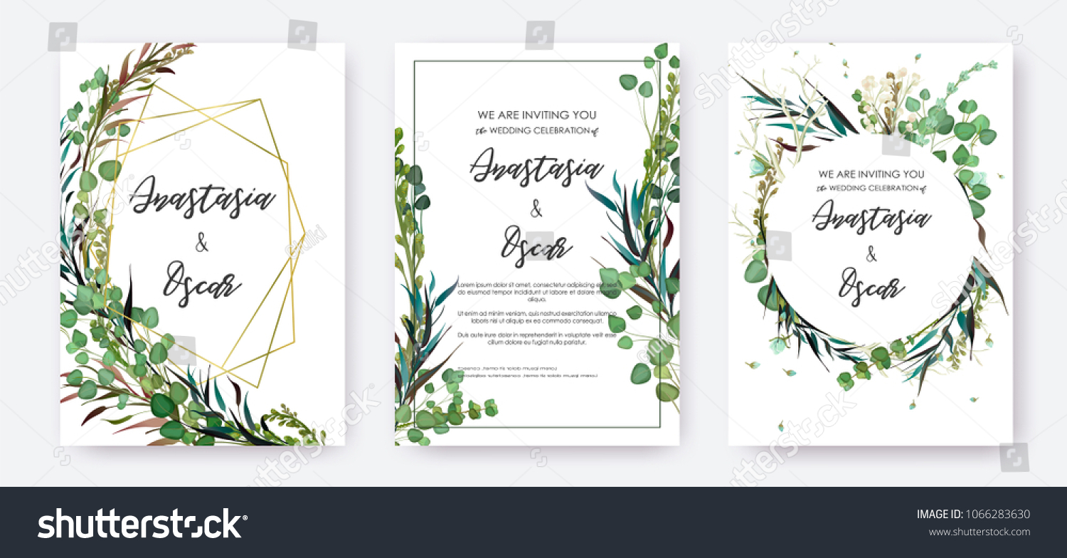 Wedding invitation frame set; flowers, leaves, watercolor, isolated on white. Sketched wreath, floral and herbs garland with green, greenery color. Handdrawn Vector Watercolour style, nature art. #1066283630