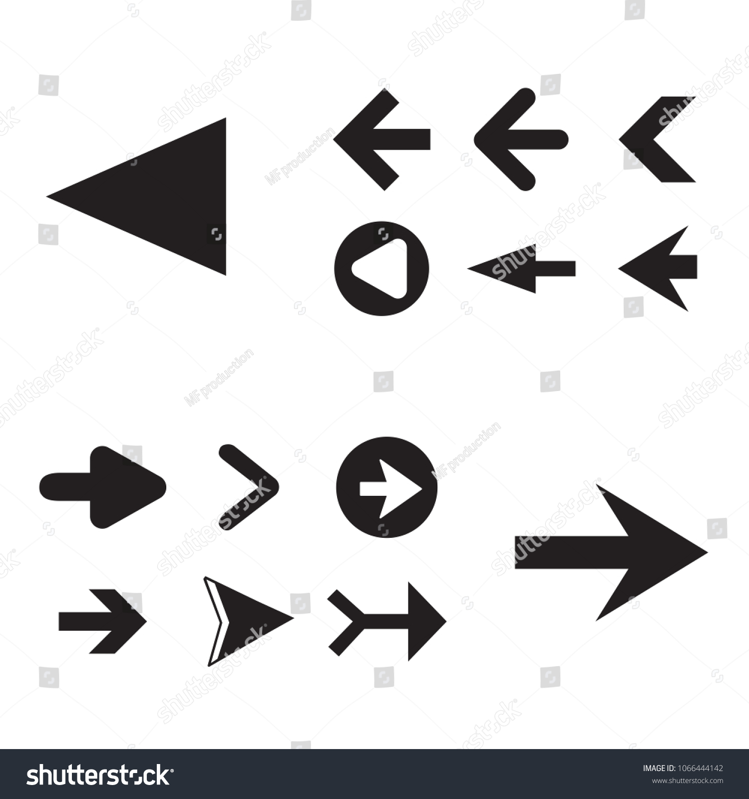 Arrow icon set isolated on white background. Trendy collection of different arrow icons in flat style for web site. Cretive arrow template for app, ui and logo, vector illustration eps 10 #1066444142