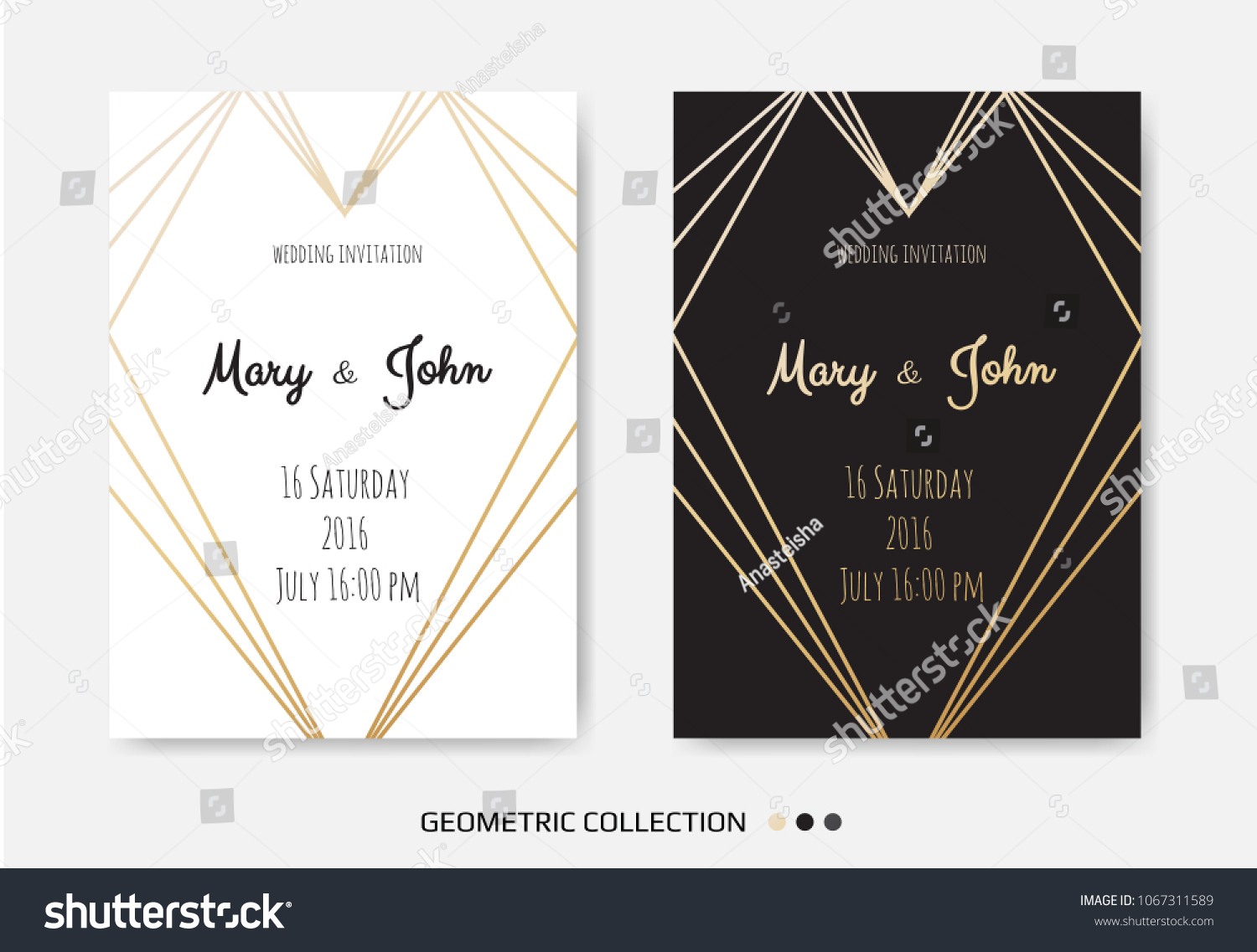 Wedding Invitation, invite card design with Geometrical art lines, gold foil border, frame. Vector modern geometric abstract template layout. #1067311589