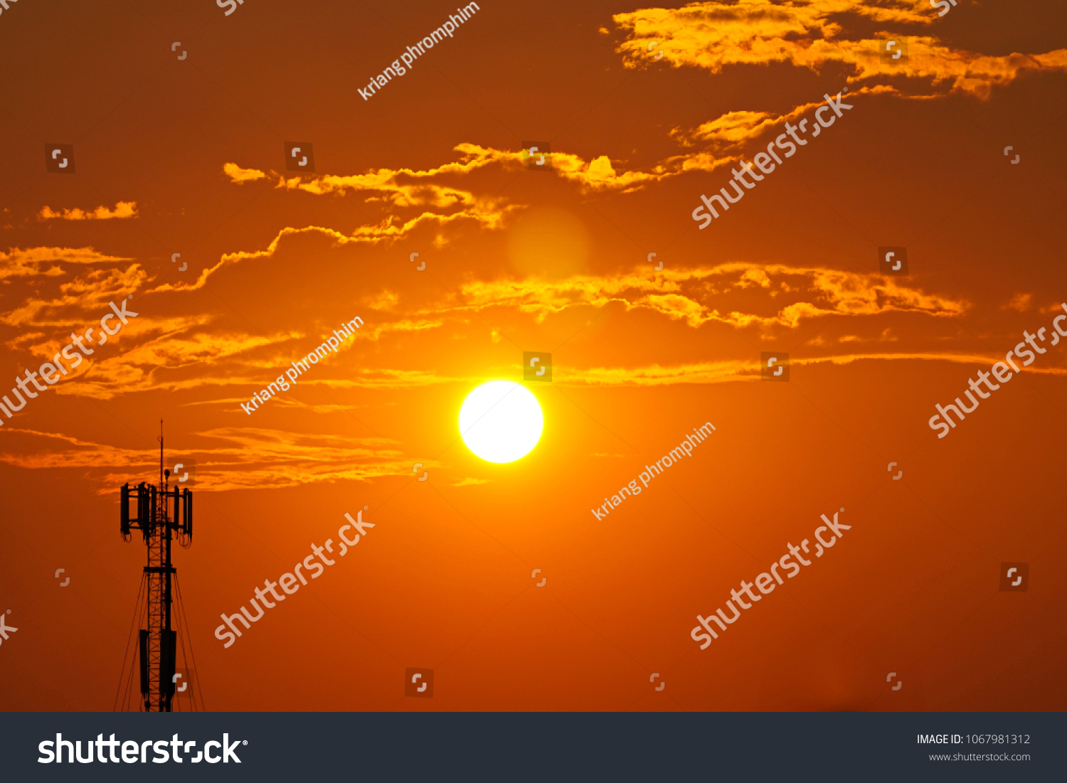 3G, 4G, Cell Site, Cellular telephone site, Cellular tower, cellular antenna on the background of sunset. #1067981312