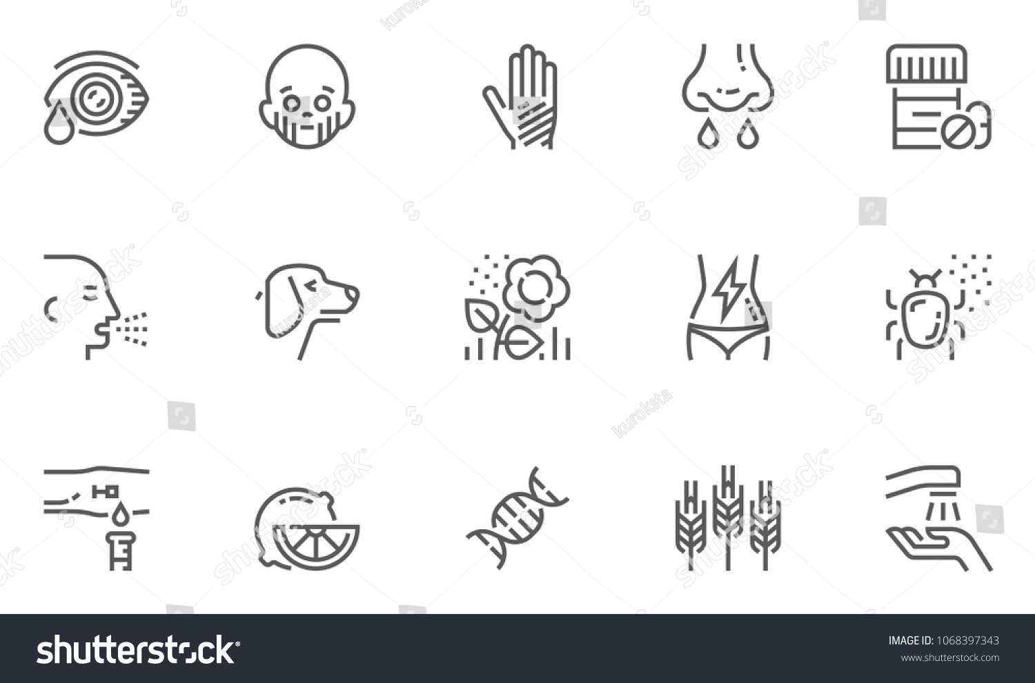 Allergy and Allergens Vector Line Icons Set. Allergy to Animal Hair, Food and Pollen, Skin Itching, Increased Lacrimation. Editable Stroke. 48x48 Pixel Perfect. #1068397343