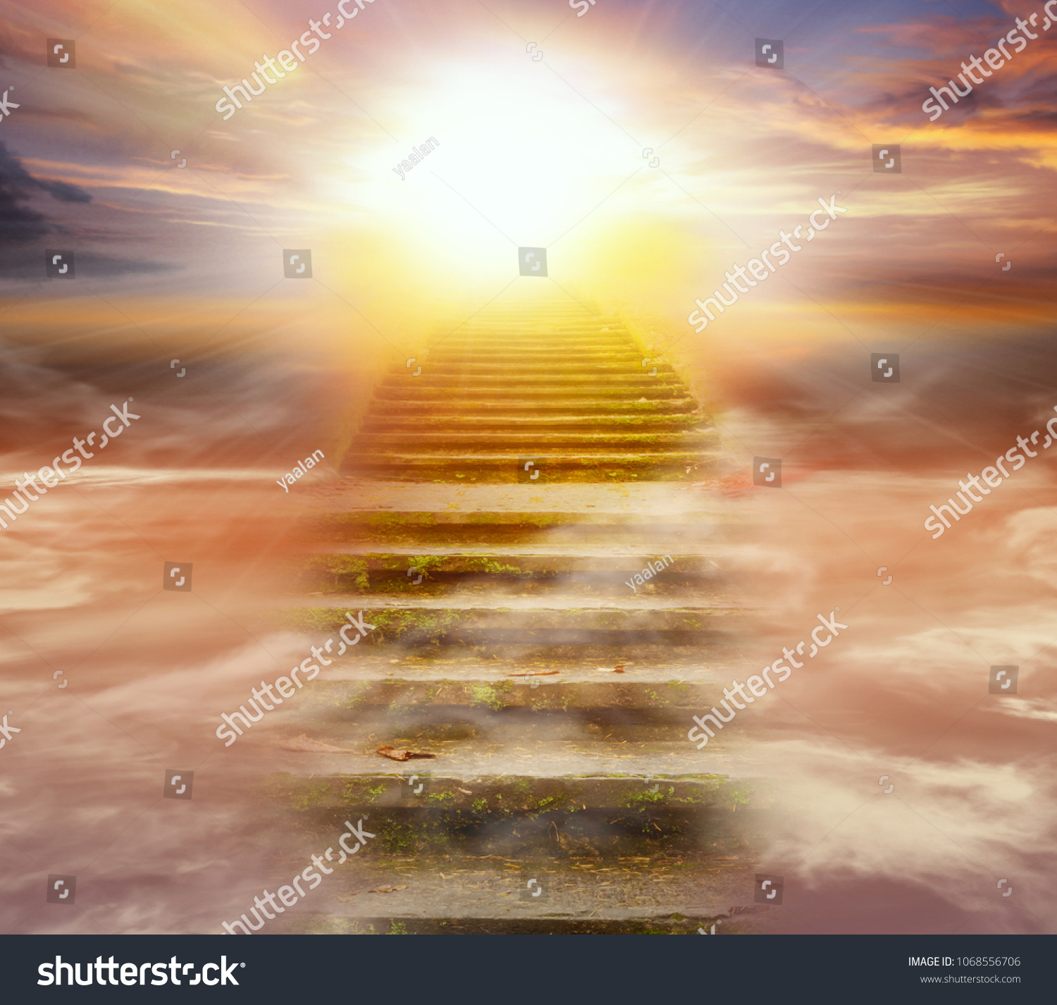 Light in dark sky . Stairs in sky .  Religion for the person . Way to heaven  .  Religious background .  Way to success  #1068556706