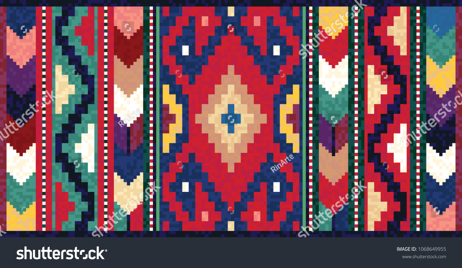 Colorful mosaic oriental kilim rug with traditional folk geometric ornament. Vector 10 EPS illustration. #1068649955
