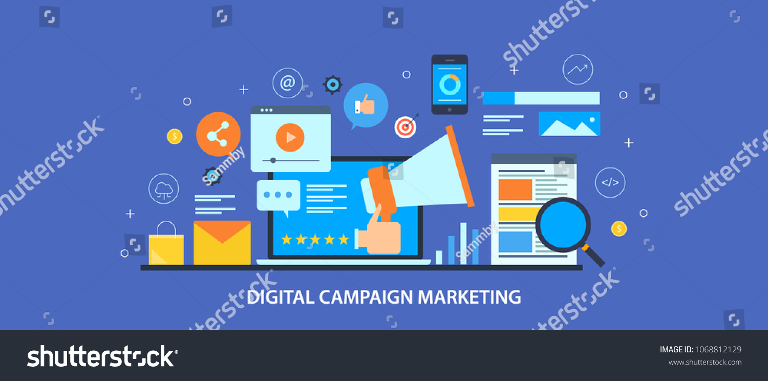 Digital marketing campaign, SEO and Social media strategy, Network marketing flat vector illustration with icons #1068812129