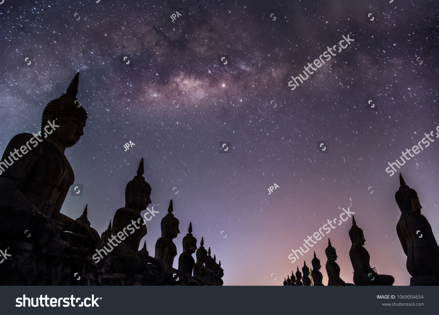 Milky way galaxy with buddha stature landscape nature dark filter style, Nakhon Si Thammarat province Thailand, Public in thailand #1069094654