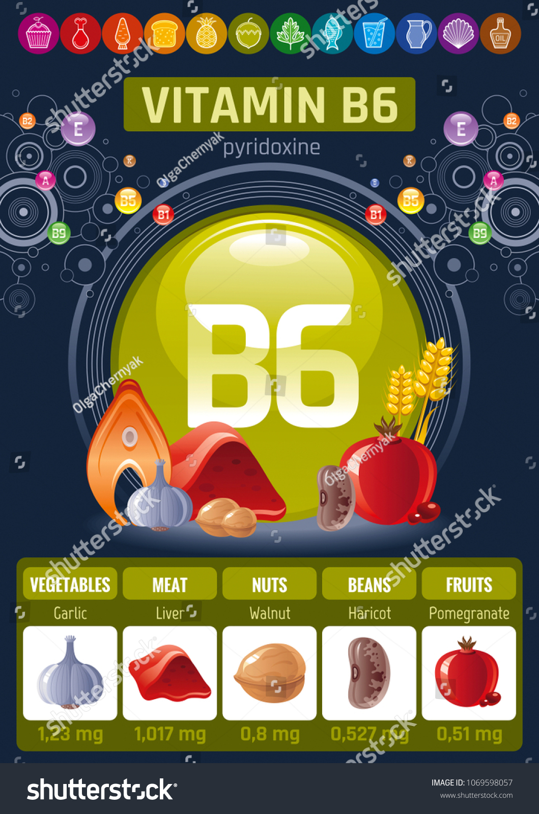 Pyridoxine Vitamin B6 Rich Food Icons Healthy Royalty Free Stock Vector 1069598057