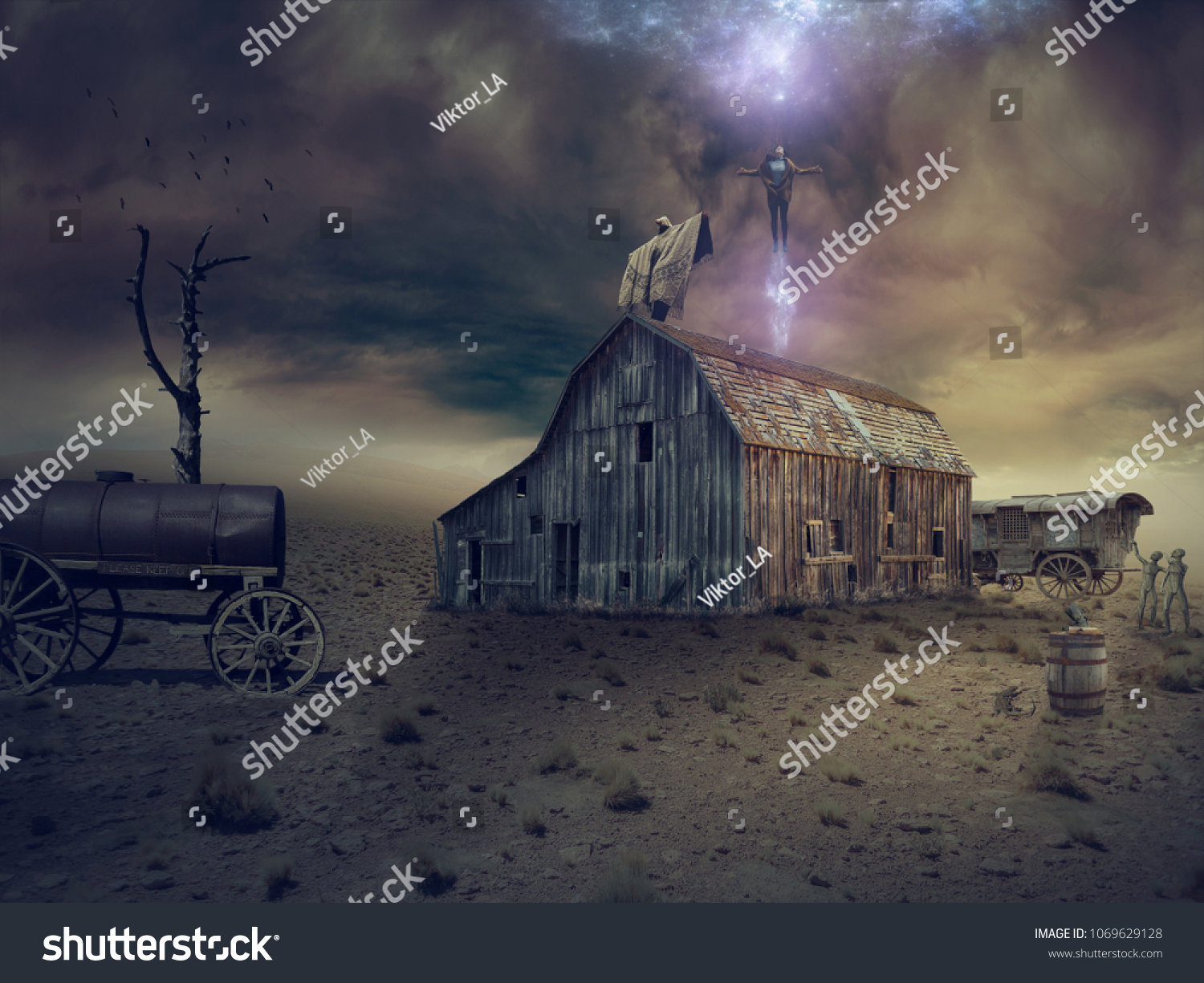 An old barn, an old metal barrel on wheels, a severe sky, a mystical ritual. #1069629128