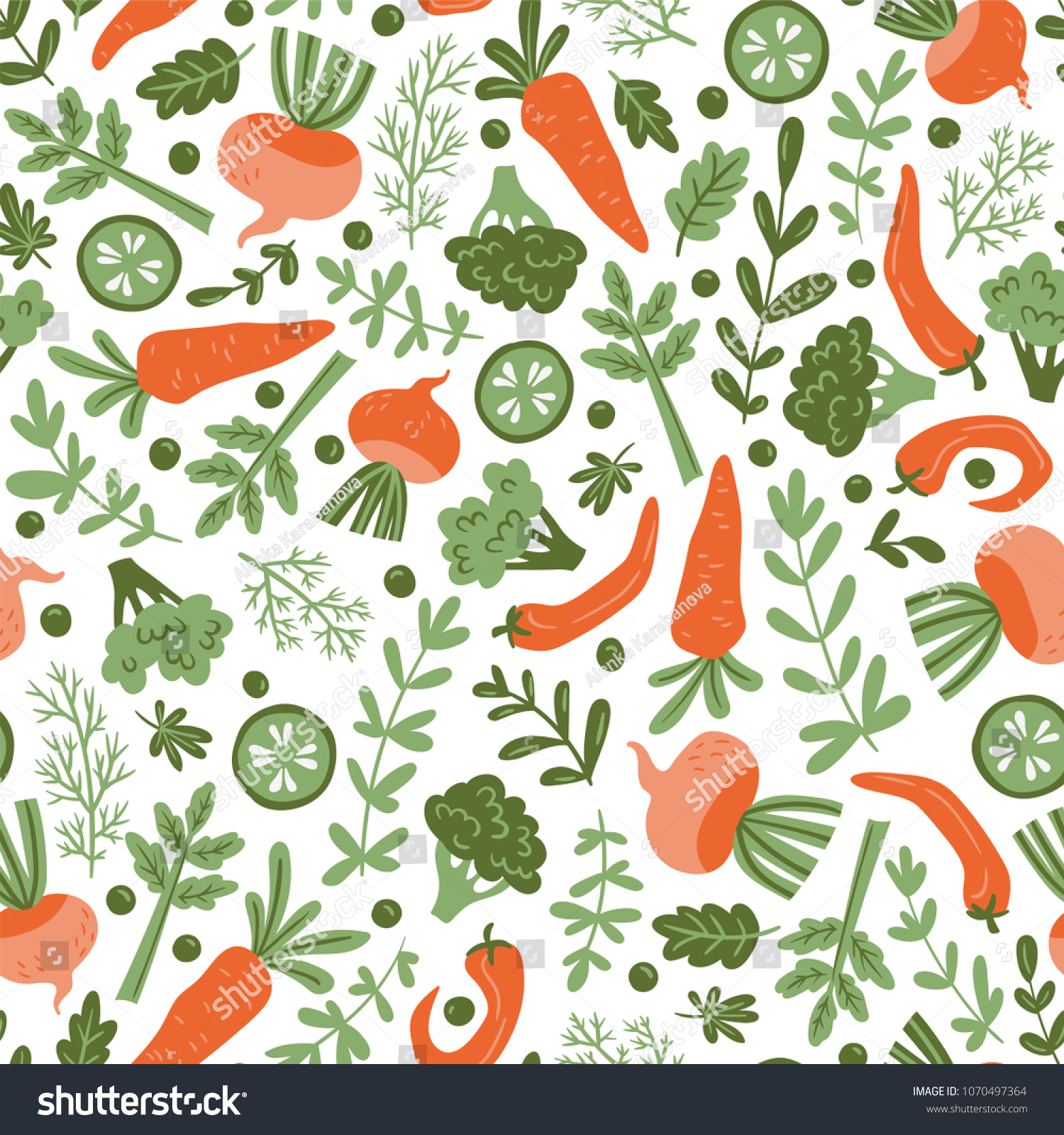 Seamless pattern with hand drawn colorful doodle vegetables. Vegetarian meal. Vegetable repeated background. Healthy restaurant  menu. #1070497364